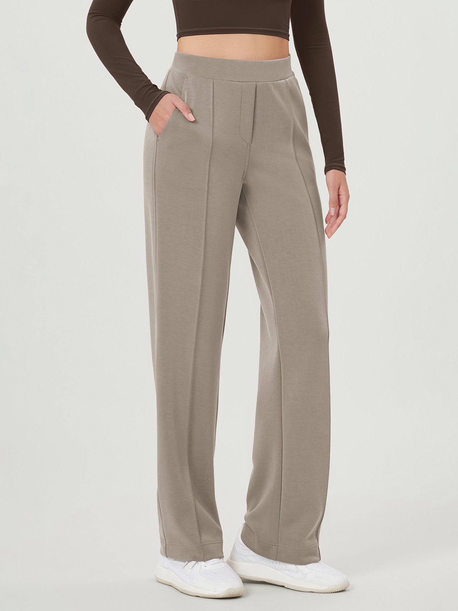 Modal Soft Mid Rise Pull-On Lounge Casual Work Pants with Pockets Khaki - ododos