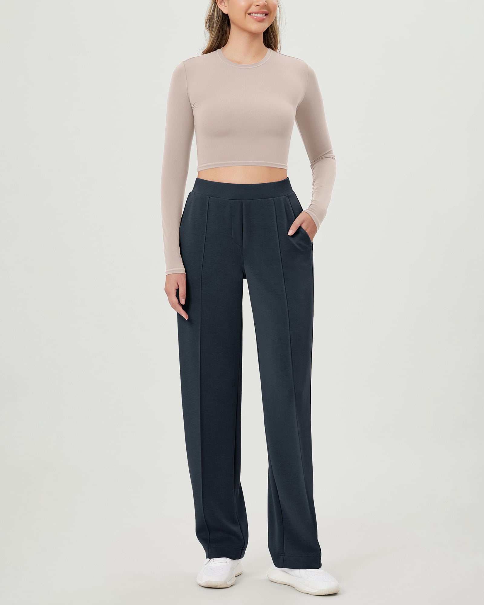 Modal Soft Mid Rise Pull-On Lounge Casual Work Pants with Pockets - ododos