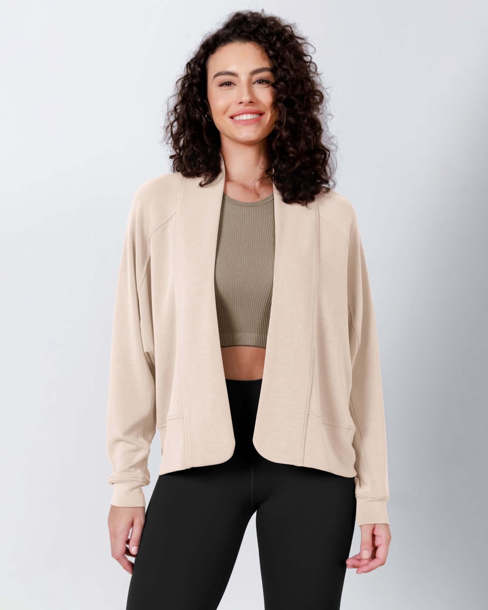 Modal Soft Open Front Long Sleeve Casual Wrap Cardigans Beige - ododos