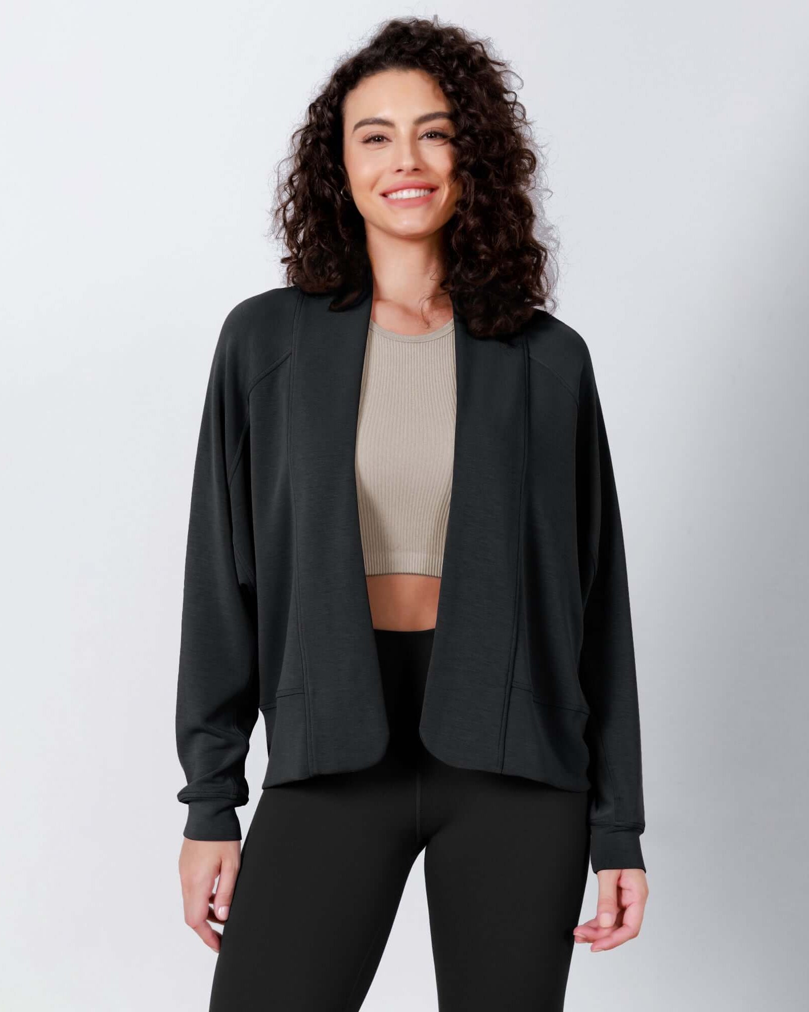Modal Soft Open Front Long Sleeve Casual Wrap Cardigans Black - ododos