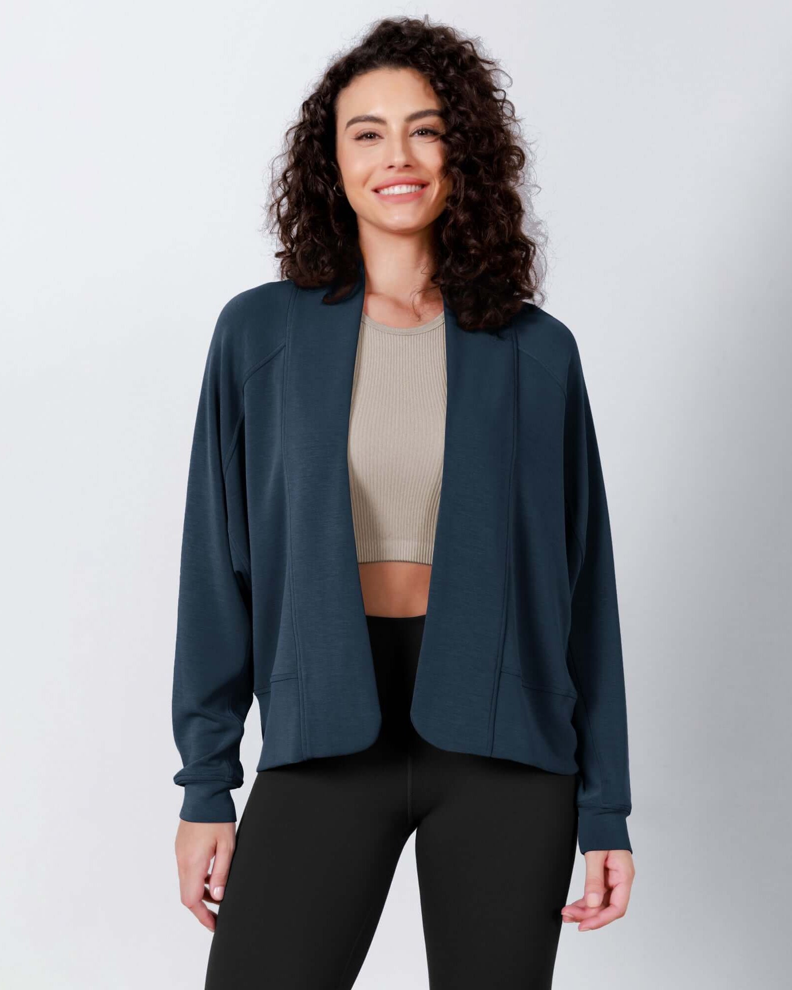Modal Soft Open Front Long Sleeve Casual Wrap Cardigans Navy - ododos