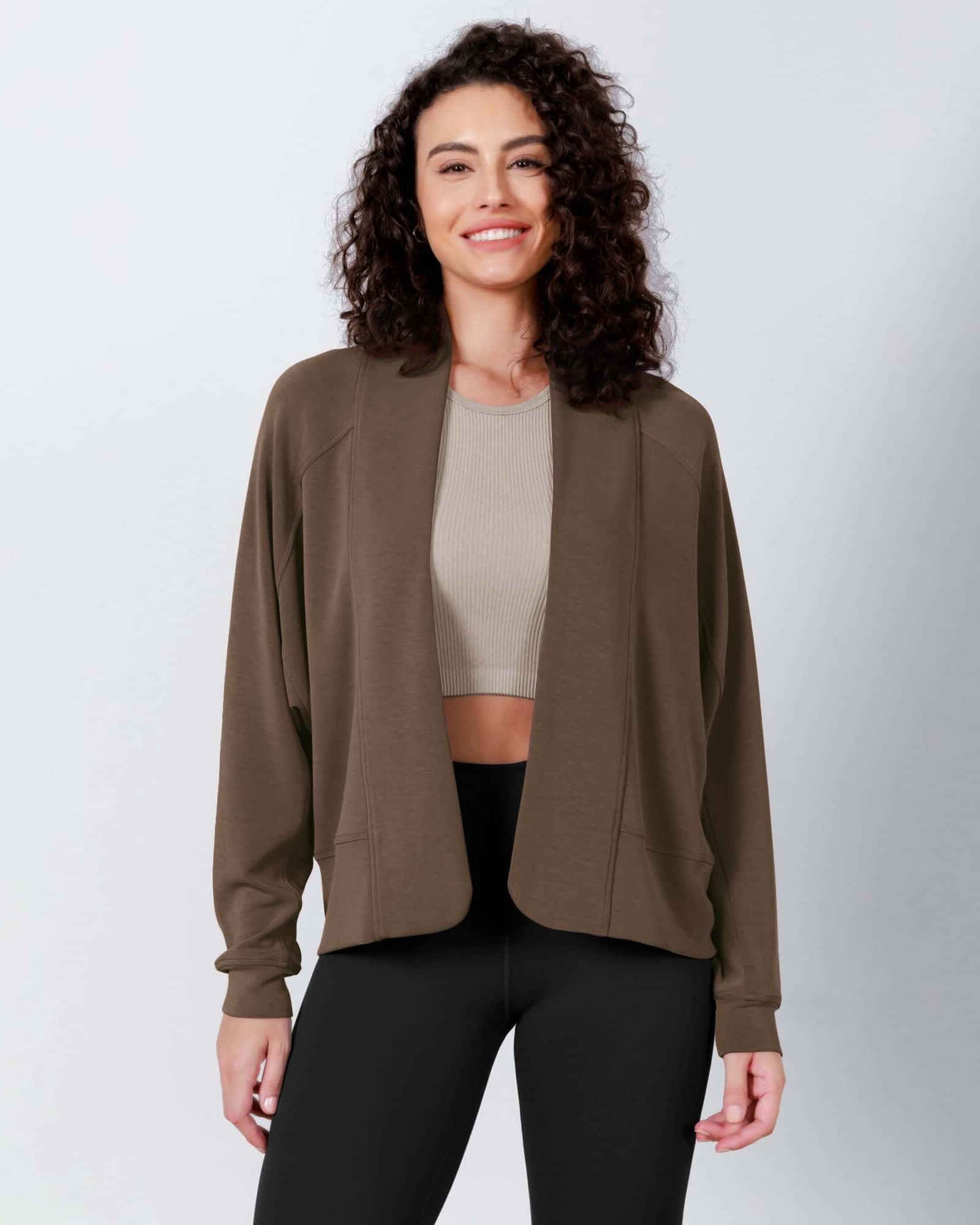 Modal Soft Open Front Long Sleeve Casual Wrap Cardigans Nutria - ododos