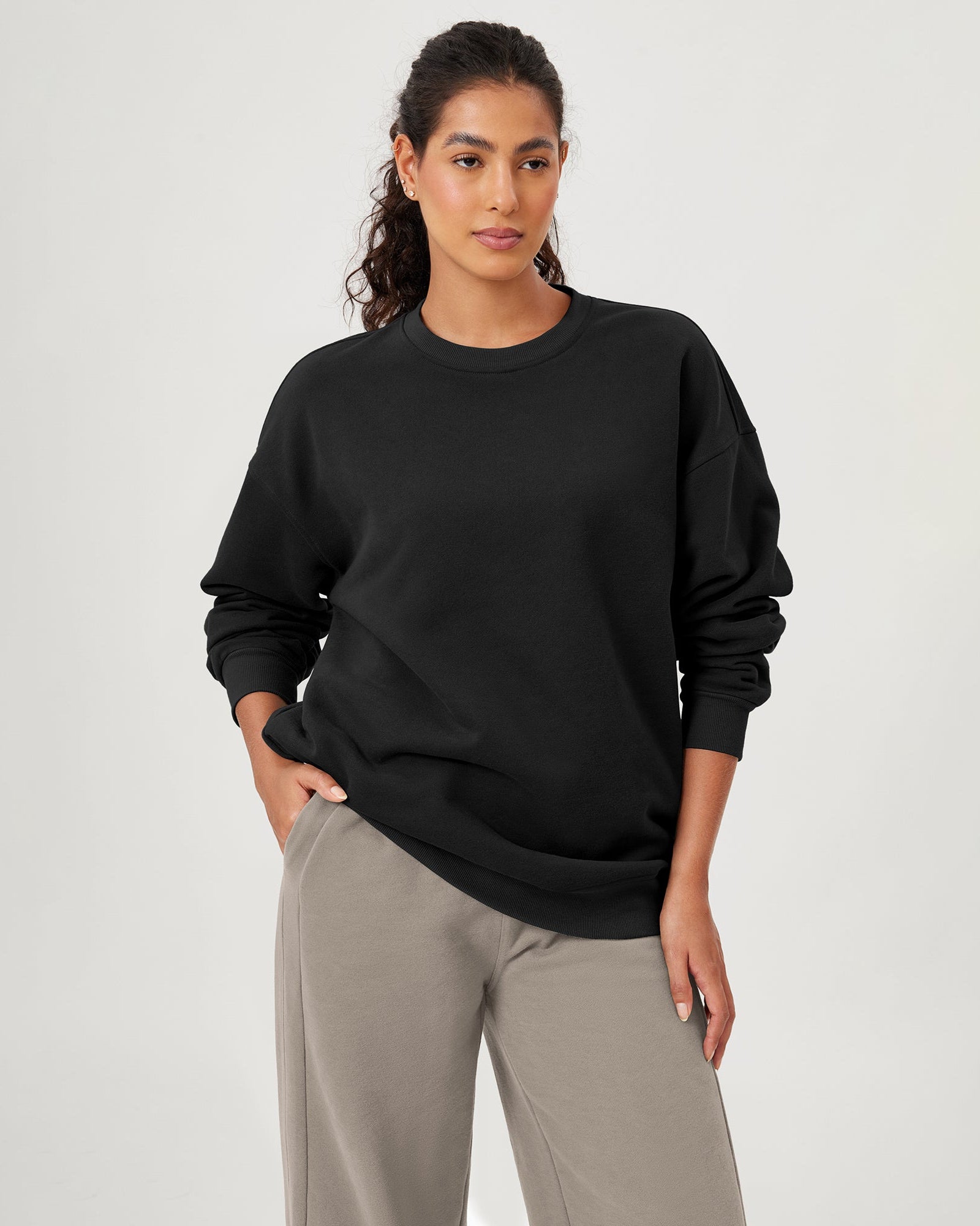 Fleece Lined Oversized Sweatshirts Long Sleeve Crew Neck Pullover Black - ododos
