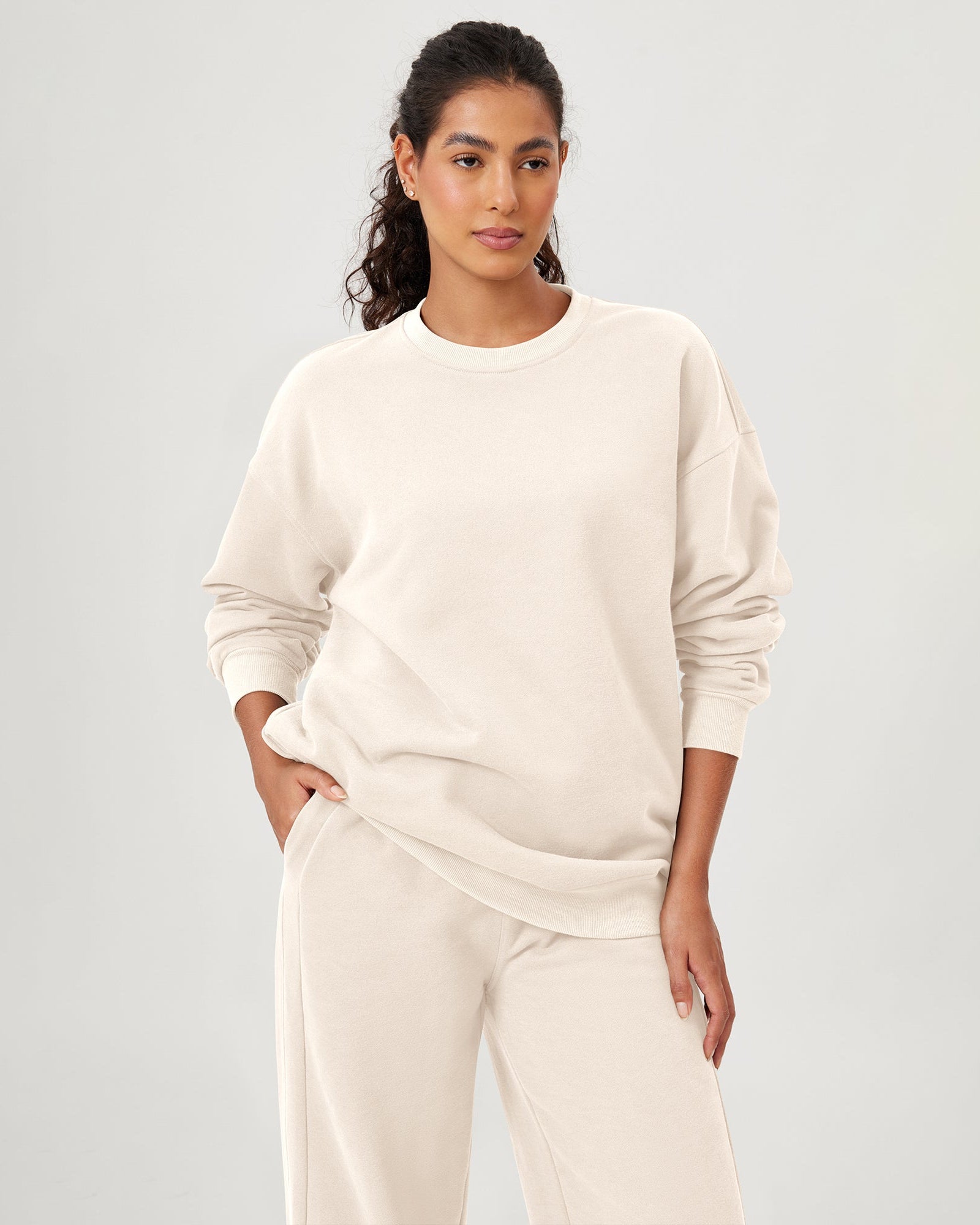 Fleece Lined Oversized Sweatshirts Long Sleeve Crew Neck Pullover Cream - ododos