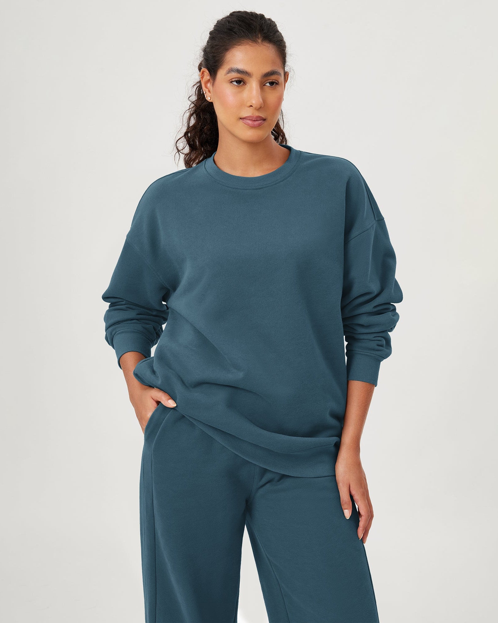 Fleece Lined Oversized Sweatshirts Long Sleeve Crew Neck Pullover Ink Blue - ododos