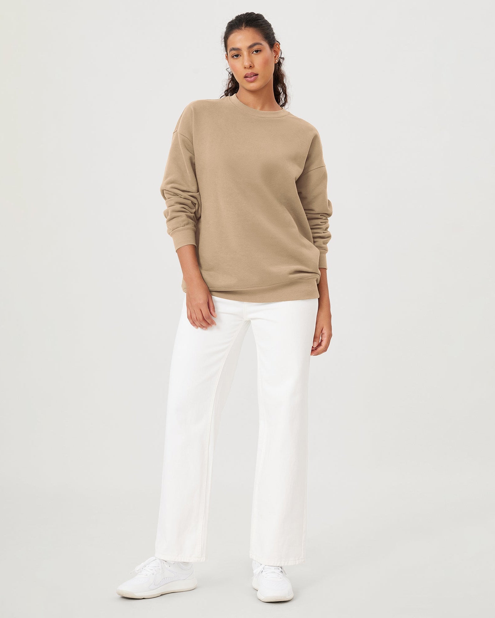 Fleece Lined Oversized Sweatshirts Long Sleeve Crew Neck Pullover Khaki - ododos