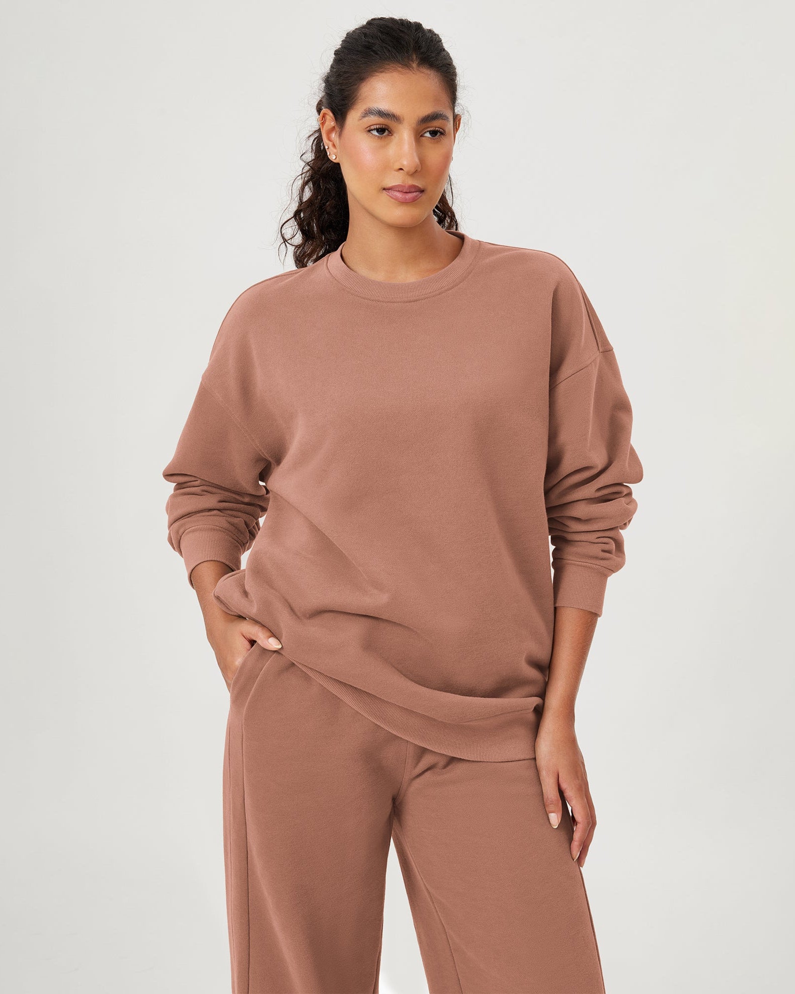 Fleece Lined Oversized Sweatshirts Long Sleeve Crew Neck Pullover Muted Clay - ododos