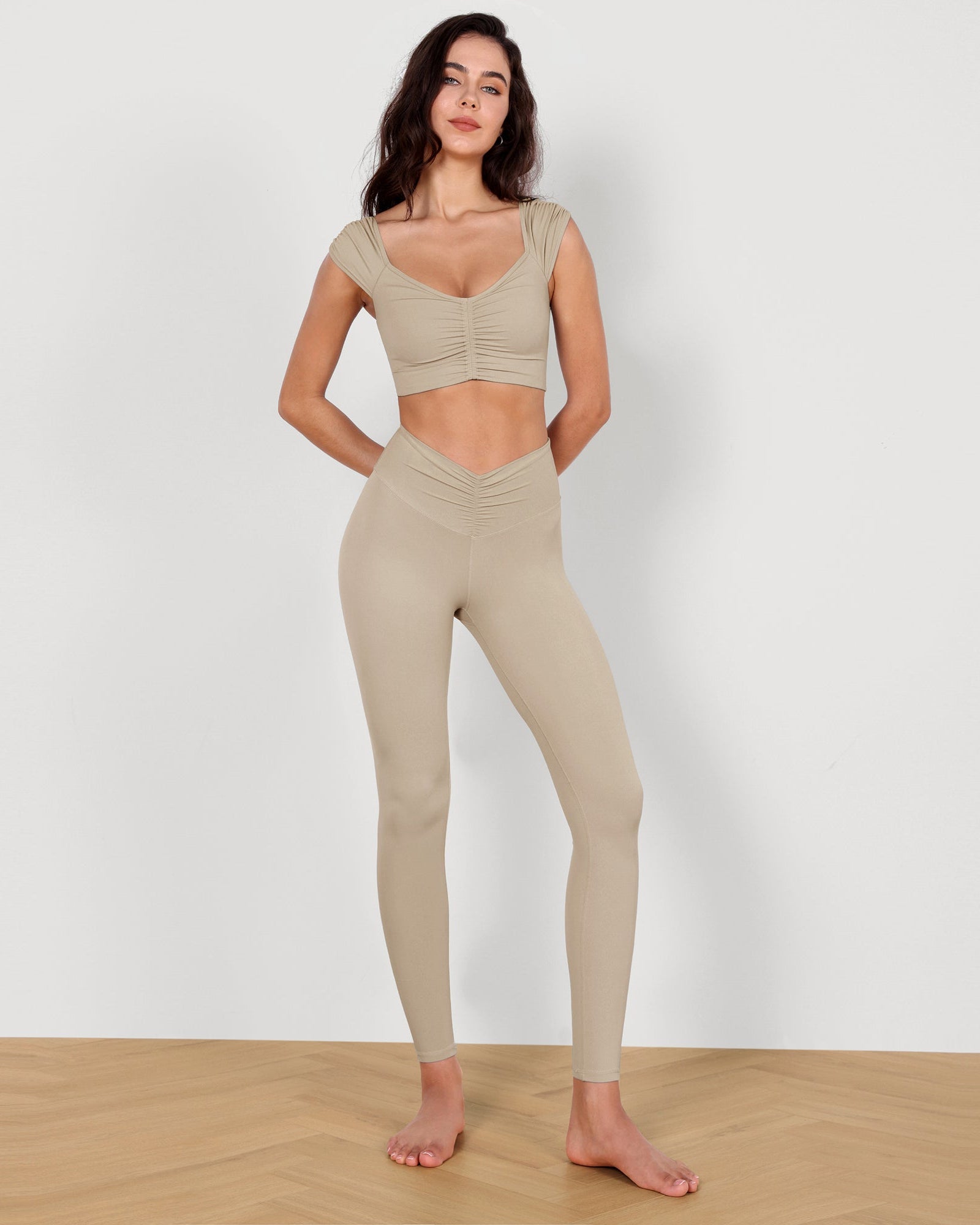 High Waist Crossover Ruched Leggings Shaker Beige - ododos