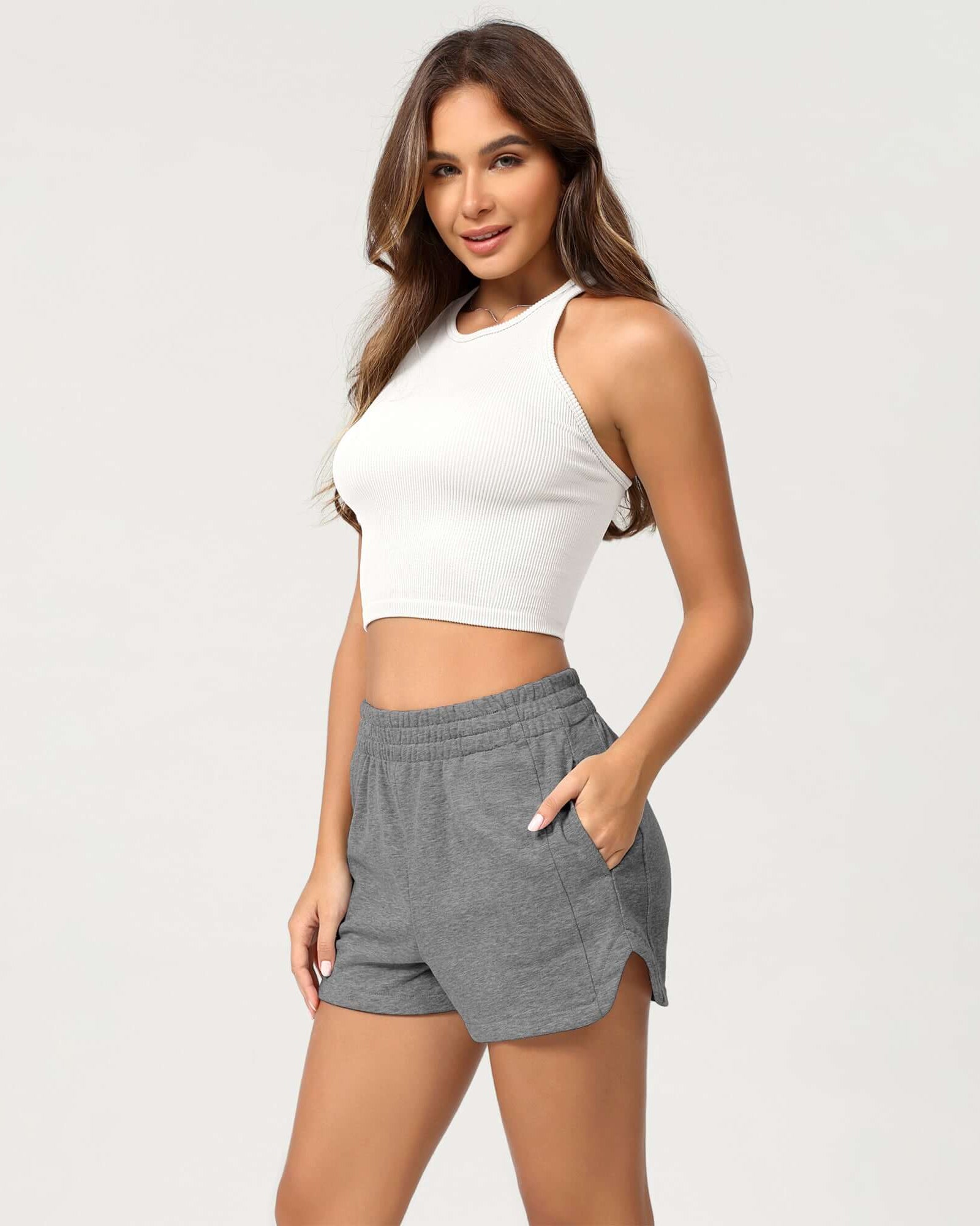 Cotton Curved Hem Sweat Shorts Charcoal Heather - ododos