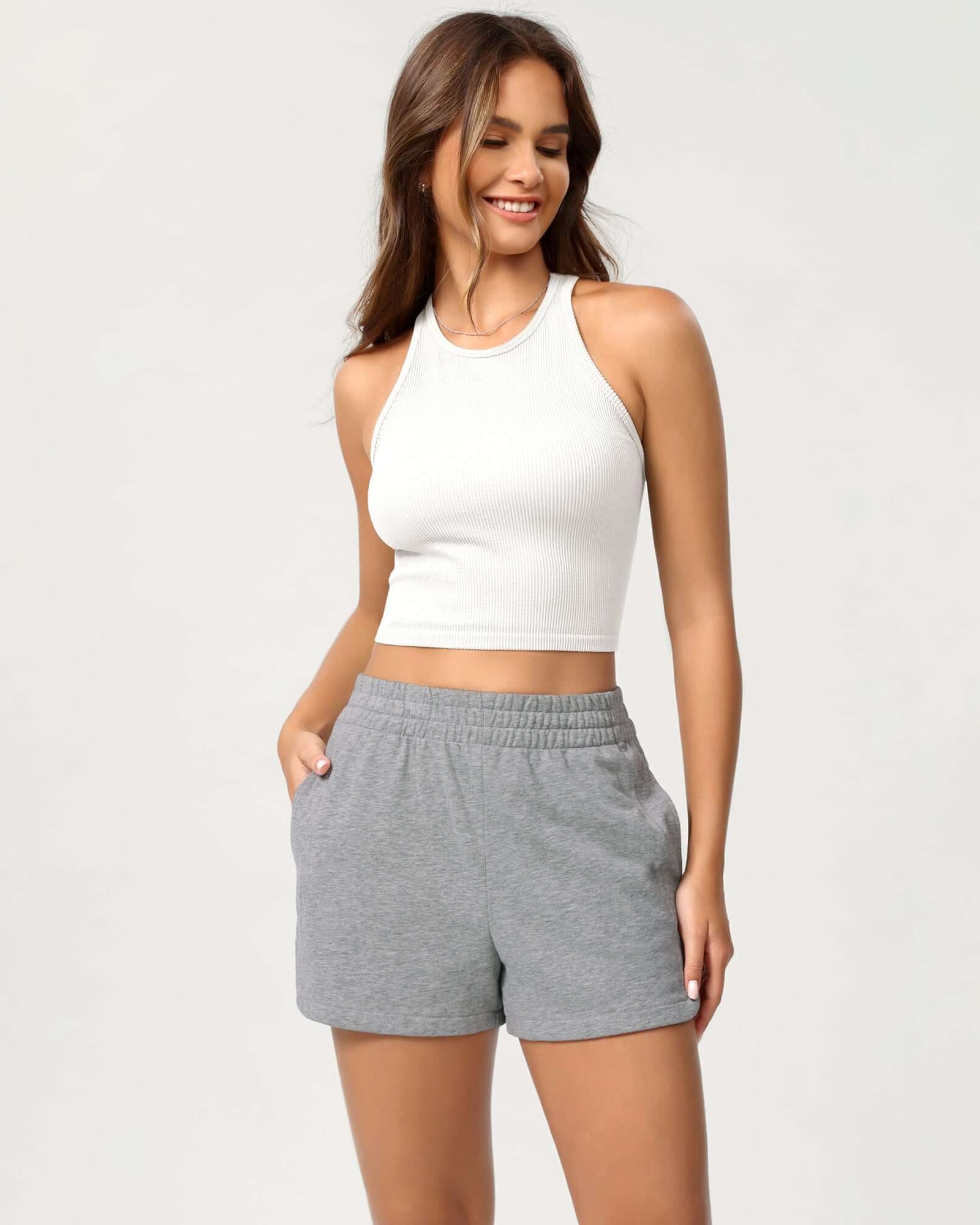 Cotton Curved Hem Sweat Shorts Grey Heather - ododos