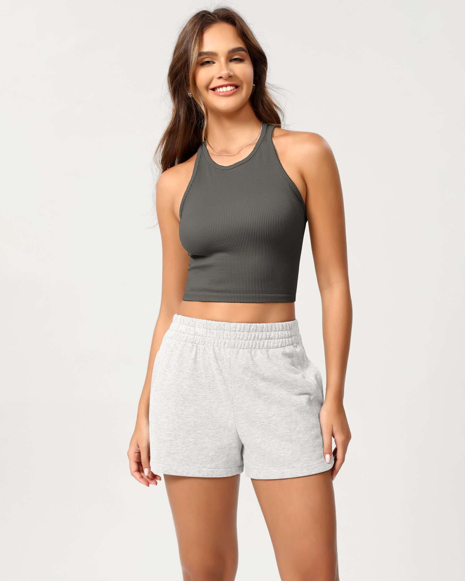 Cotton Curved Hem Sweat Shorts White Heather - ododos