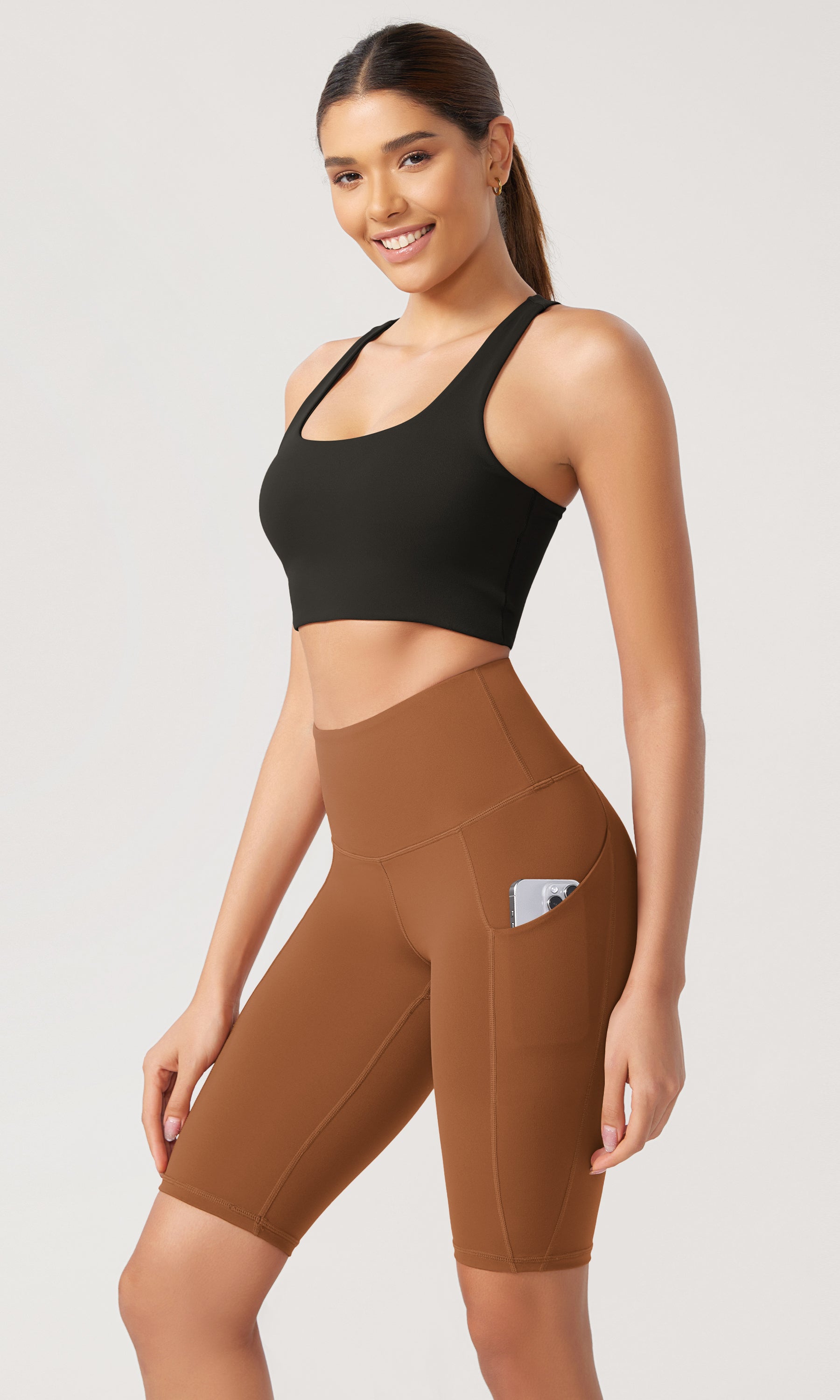 10 Tummy Control 2.0 High Waist Athletic Workout Shorts with Pockets Caramel - ododos