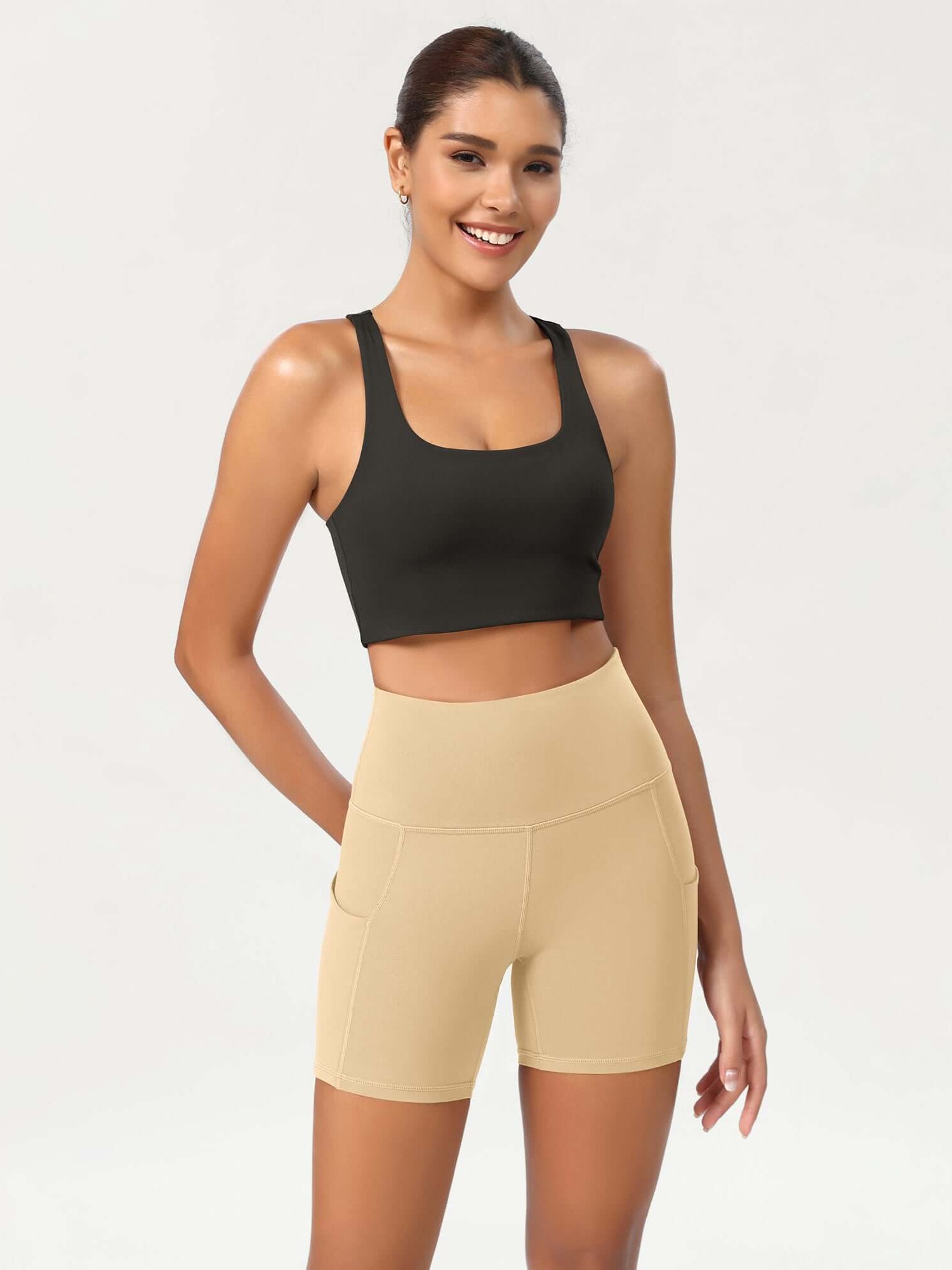 5 High Waist Control Shorts with Pockets Beige - ododos