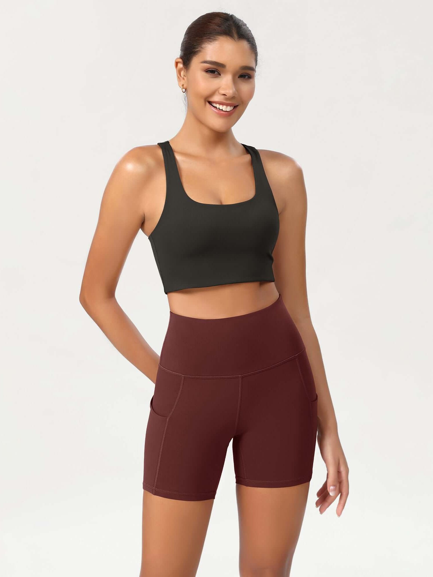 5 High Waist Control Shorts with Pockets Burgundy - ododos
