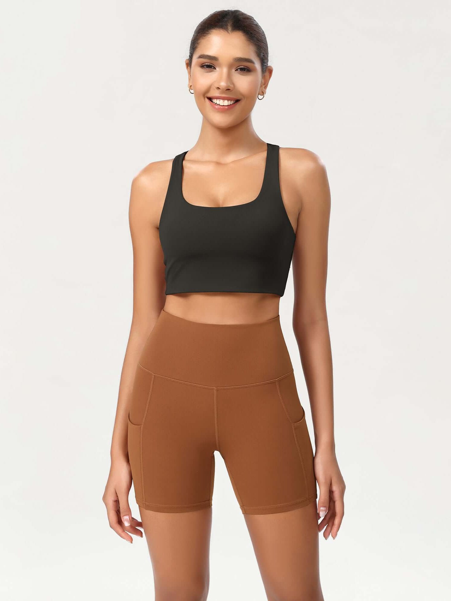 5 High Waist Control Shorts with Pockets Caramel - ododos