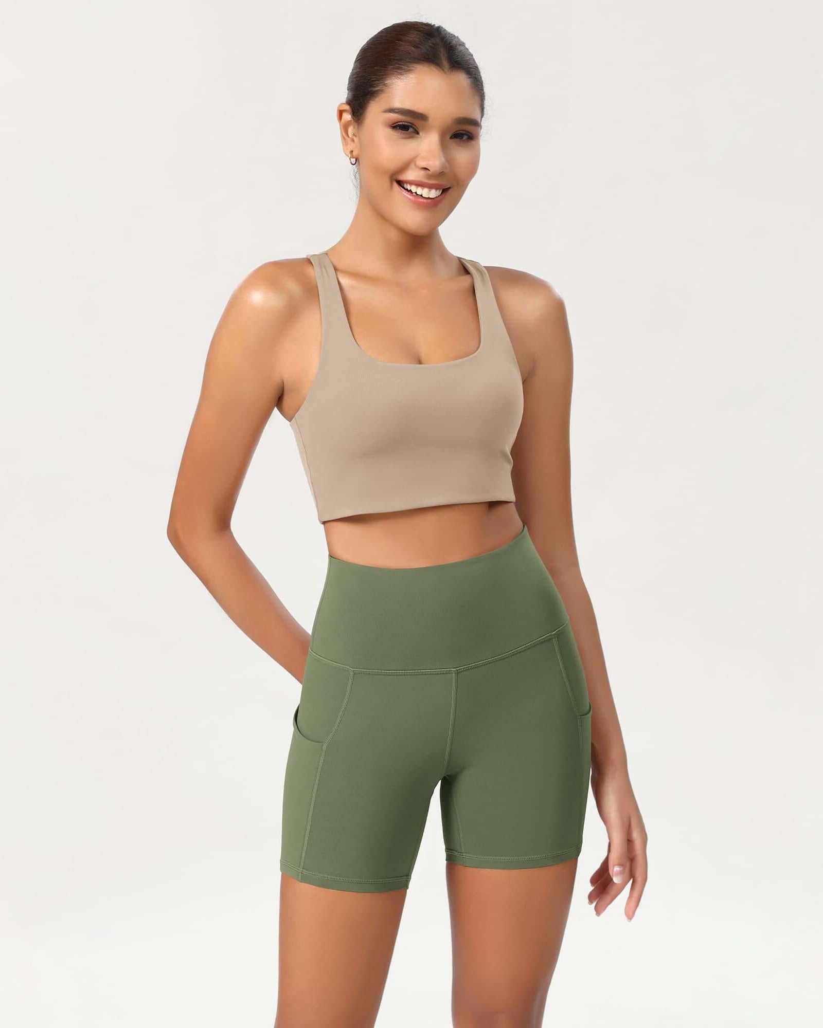 5 High Waist Control Shorts with Pockets Dark Olive - ododos