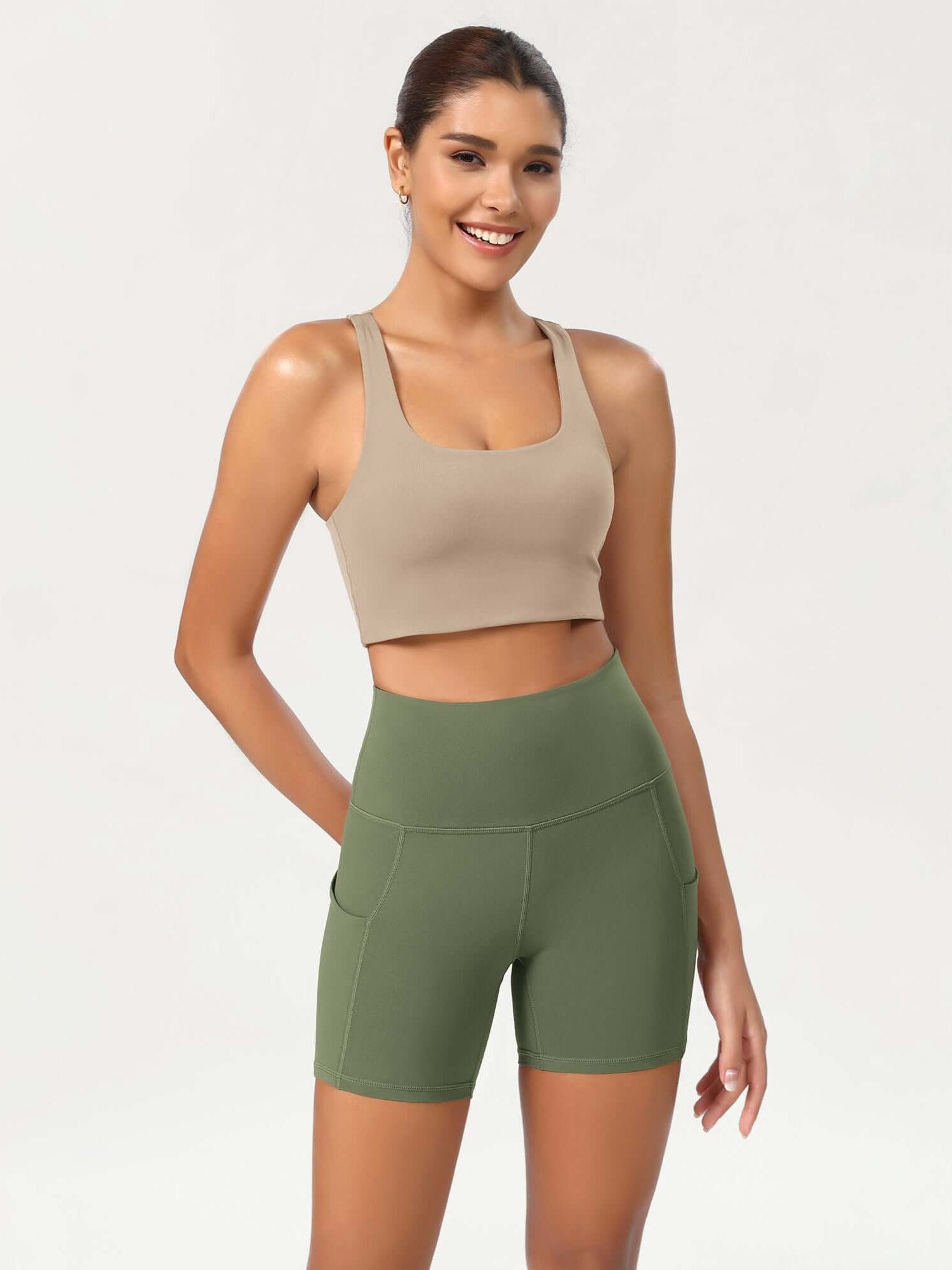 5 High Waist Control Shorts with Pockets Dark Olive - ododos