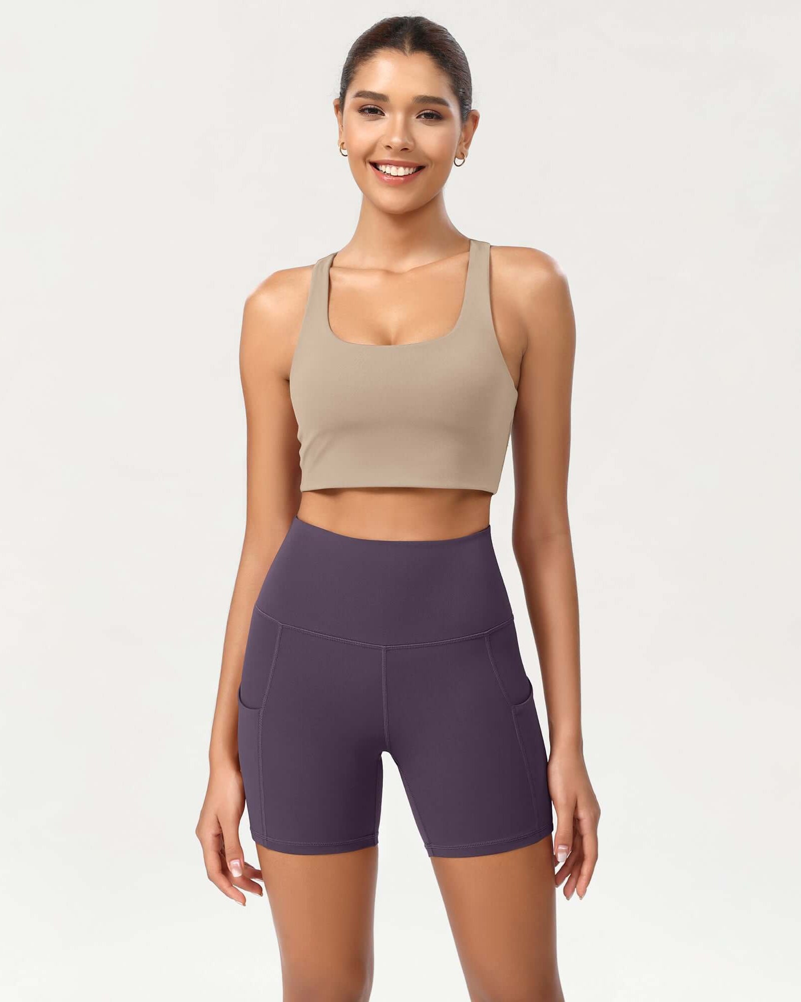5 High Waist Control Shorts with Pockets Dark Purple - ododos
