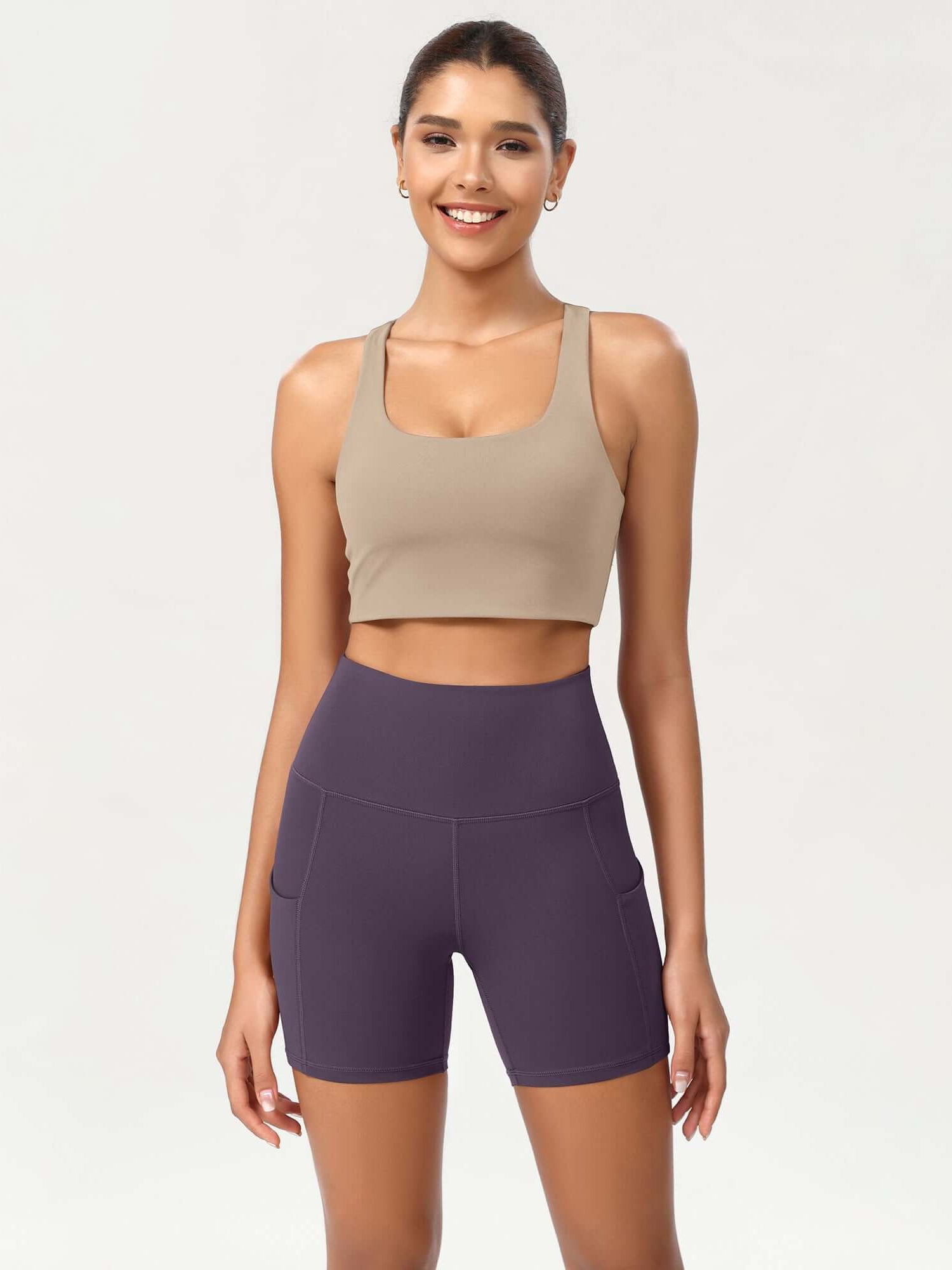 5 High Waist Control Shorts with Pockets Dark Purple - ododos