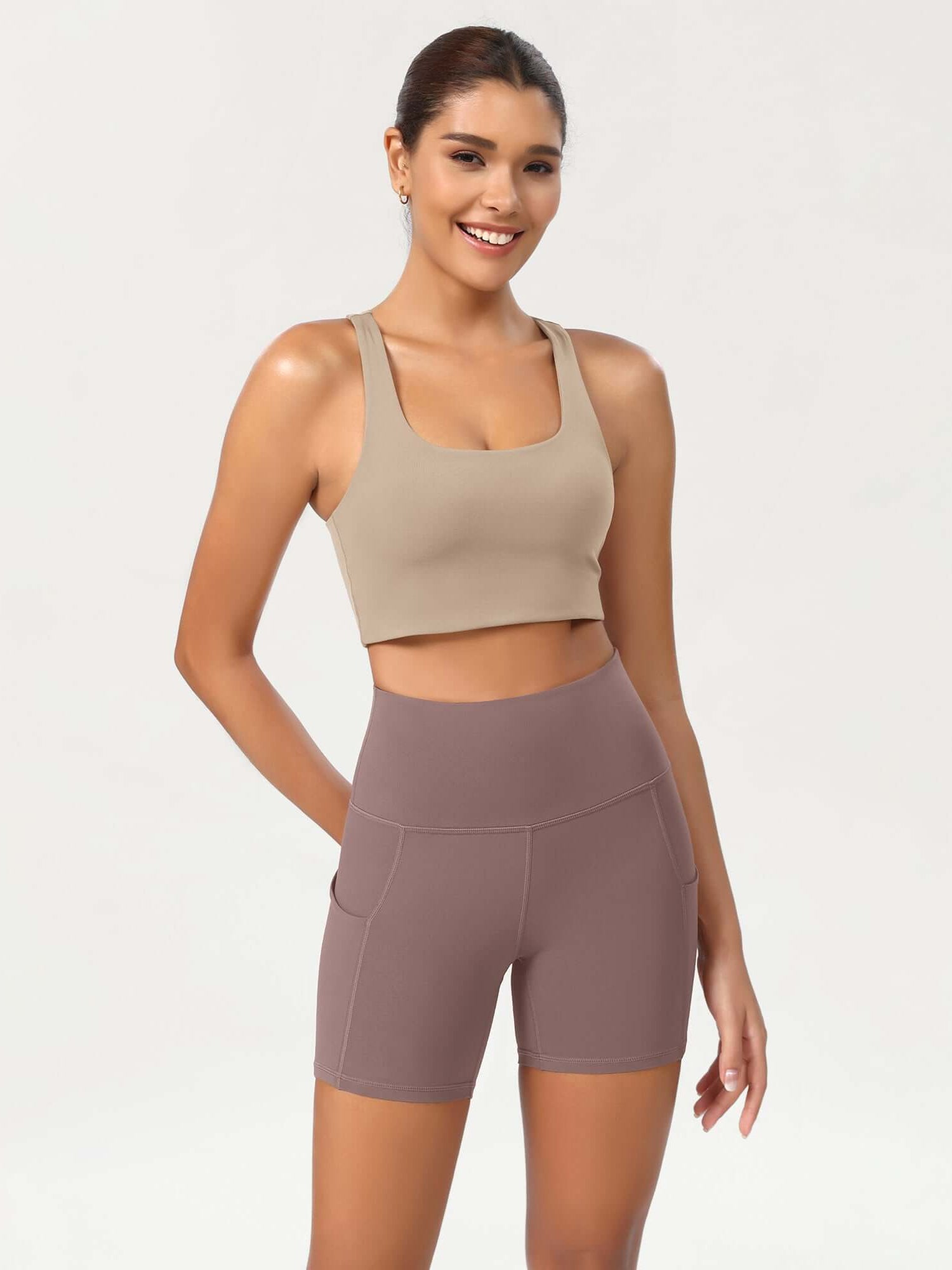 5 High Waist Control Shorts with Pockets Purple Taupe - ododos