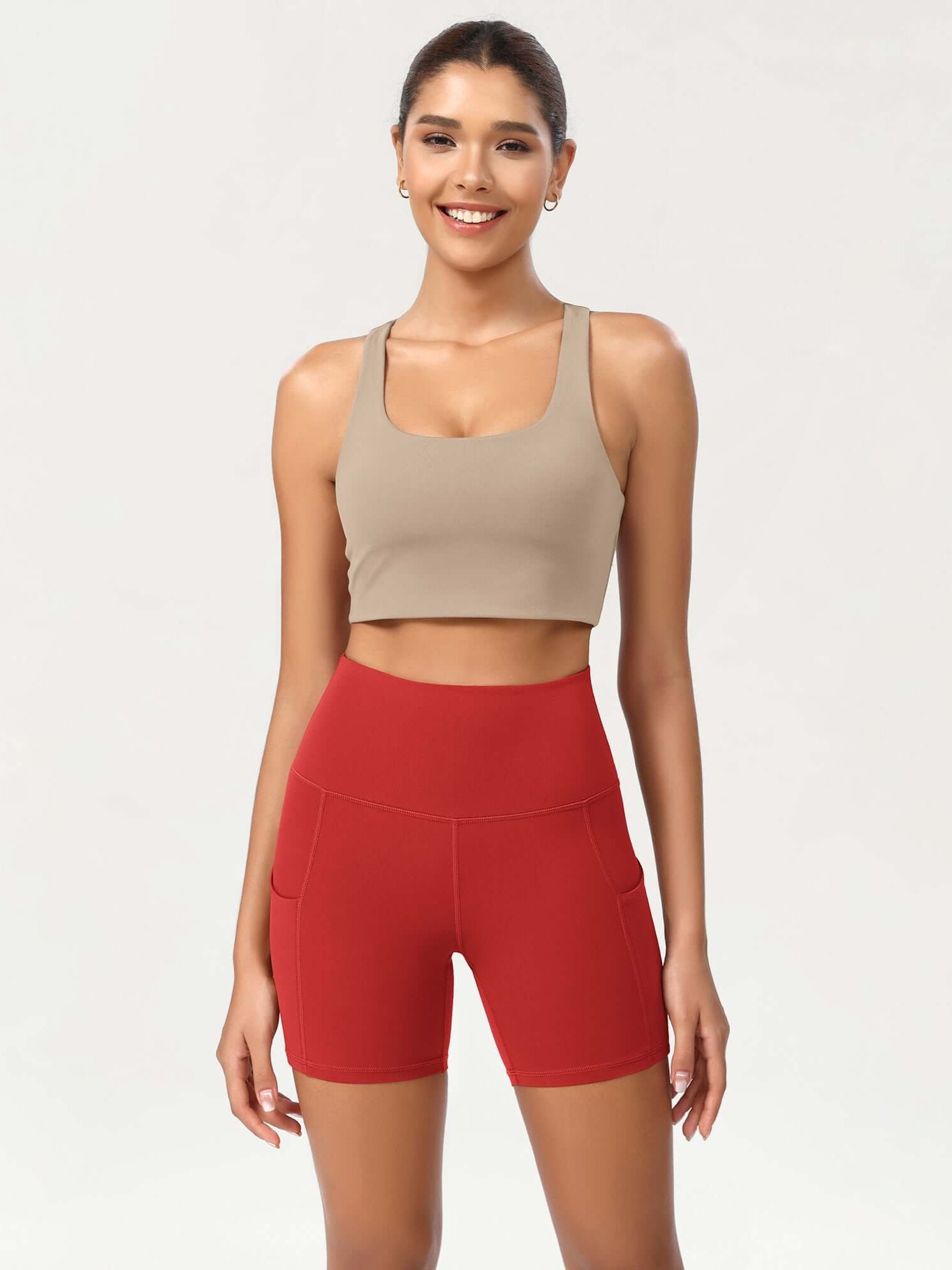 5 High Waist Control Shorts with Pockets Red - ododos
