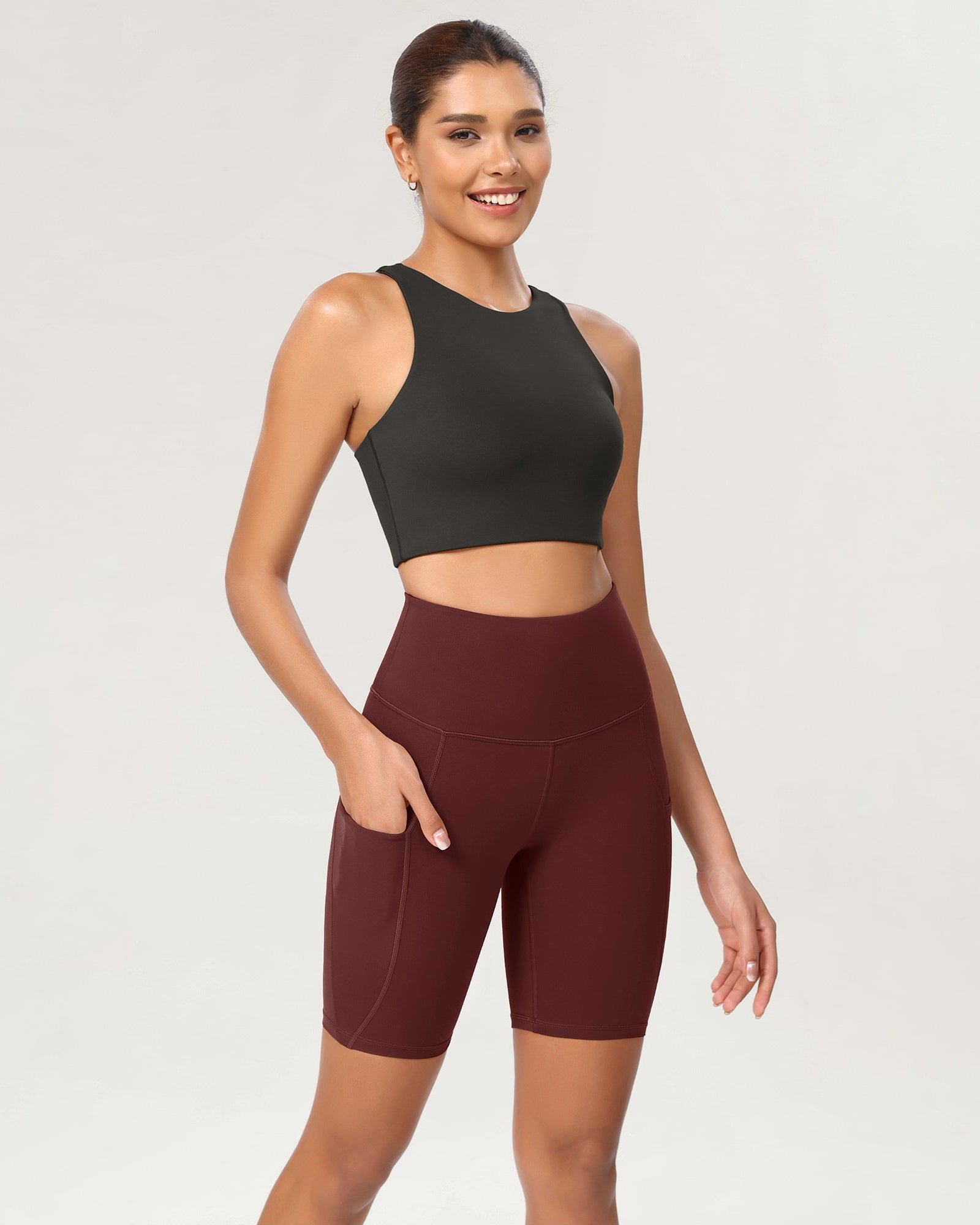 8 Tummy Control 2.0 High Waist Athletic Workout Shorts with Pockets Burgundy - ododos