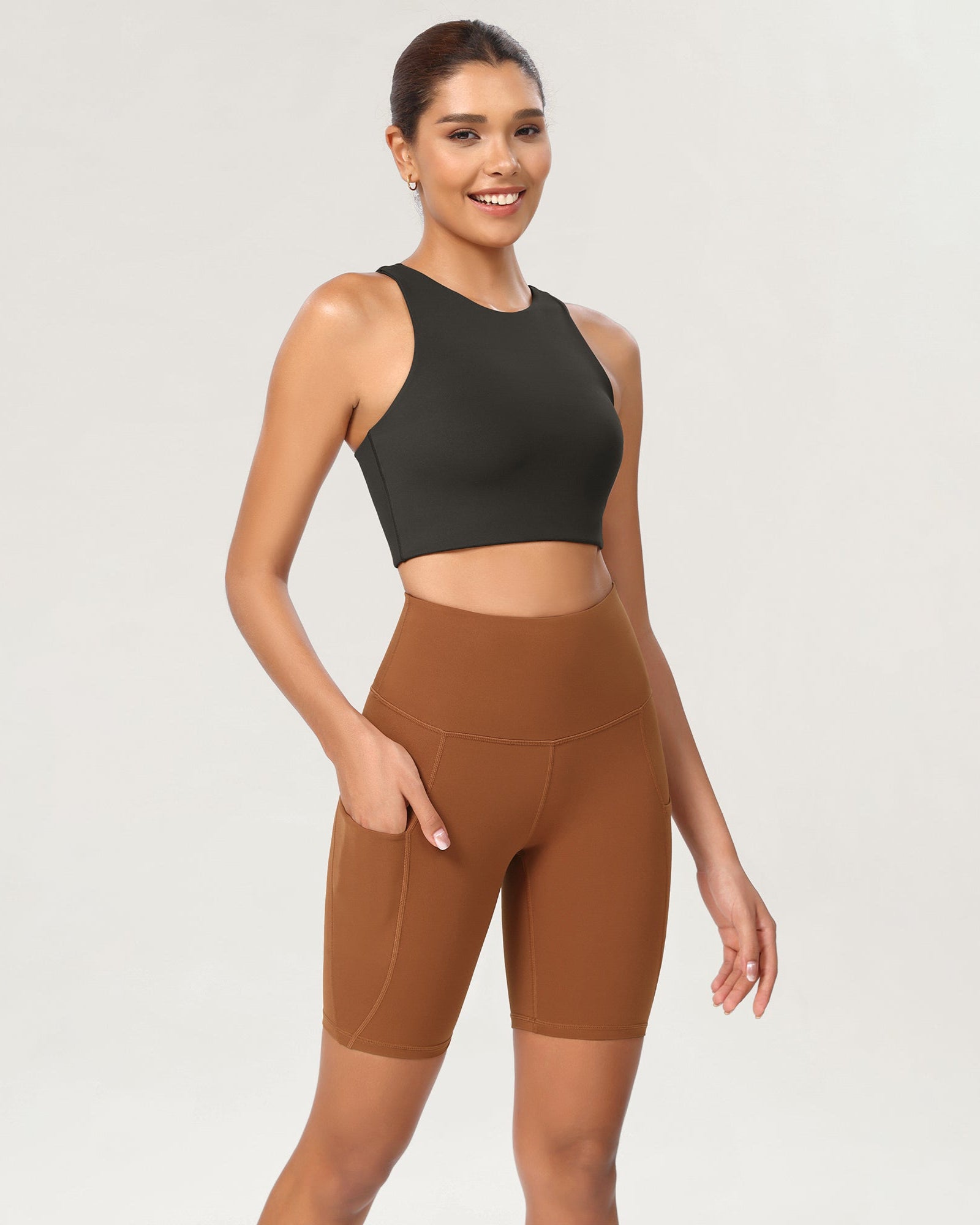 8 Tummy Control 2.0 High Waist Athletic Workout Shorts with Pockets Caramel - ododos