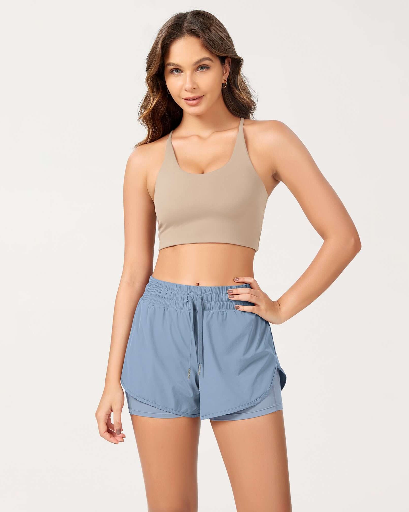 2 in 1 Athletic Shorts with Pockets Light Blue - ododos