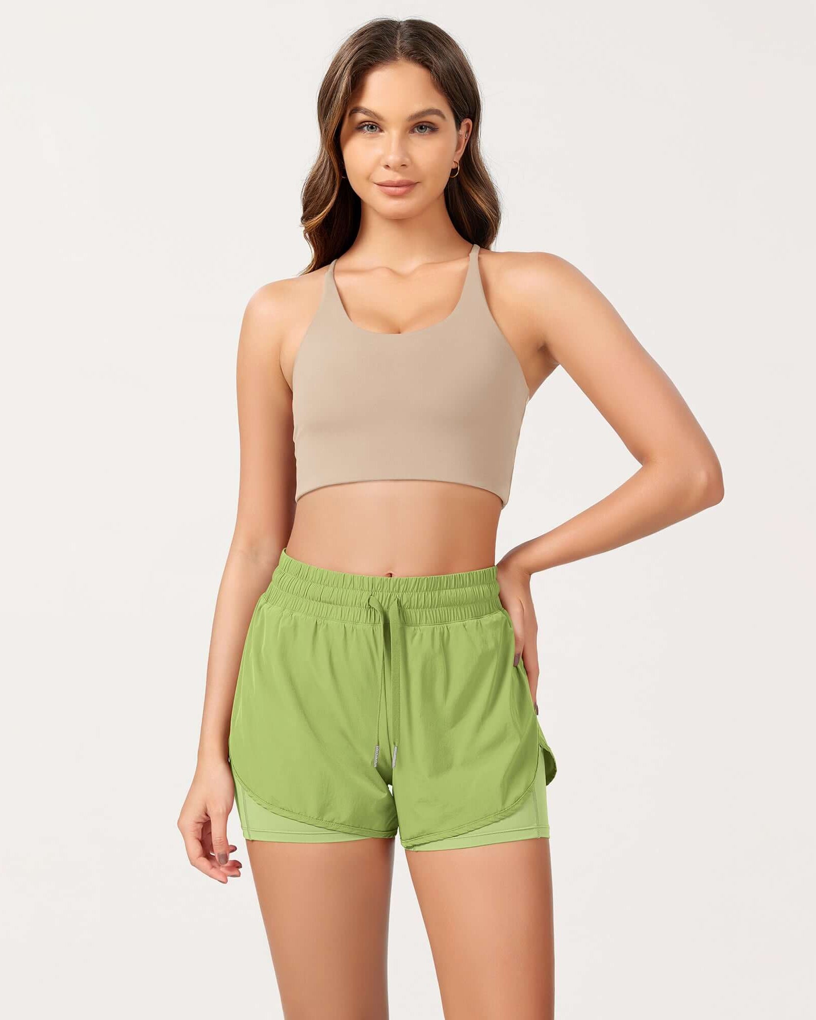 2 in 1 Athletic Shorts with Pockets Lime Green - ododos