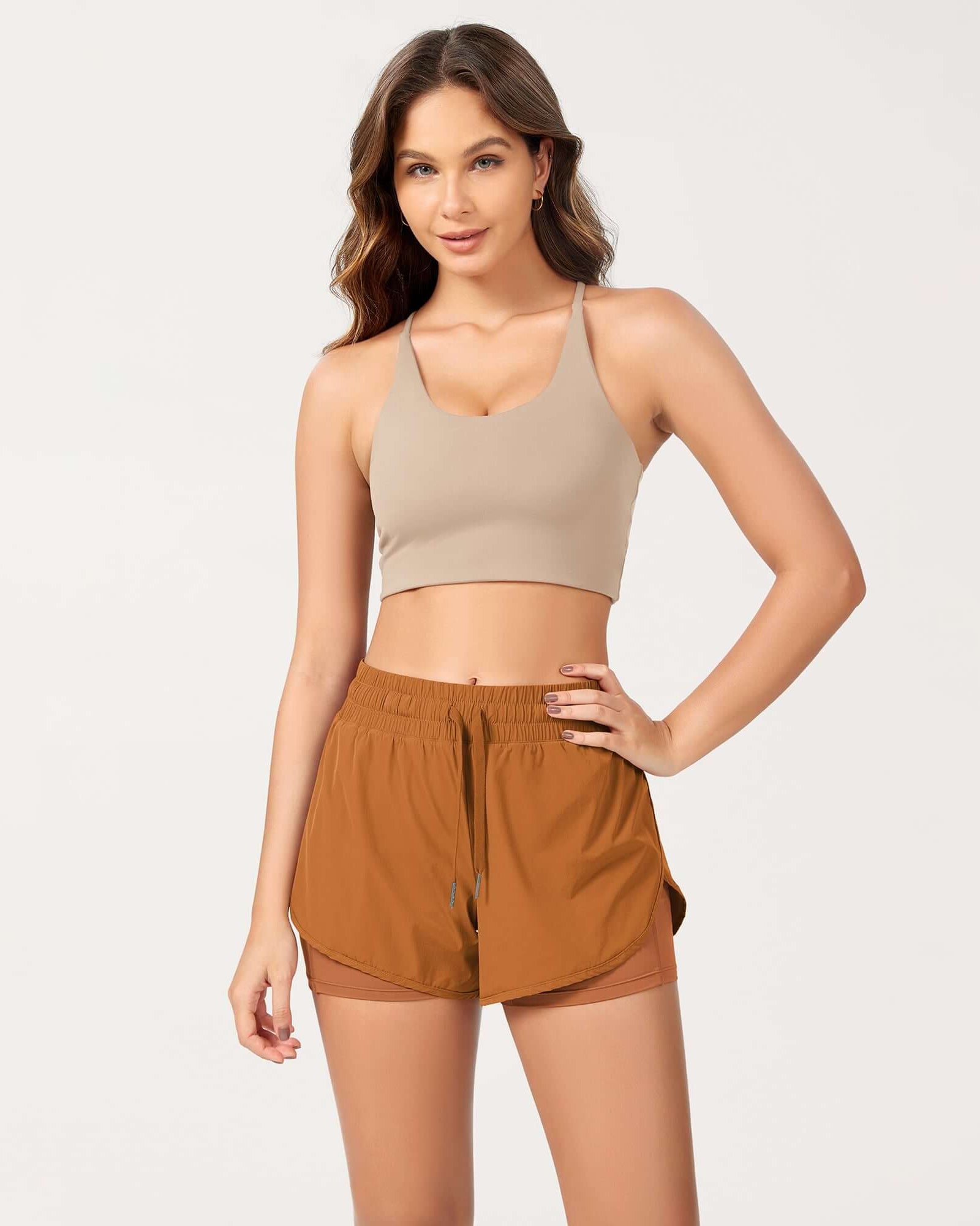 2 in 1 Athletic Shorts with Pockets Peach Caramel - ododos