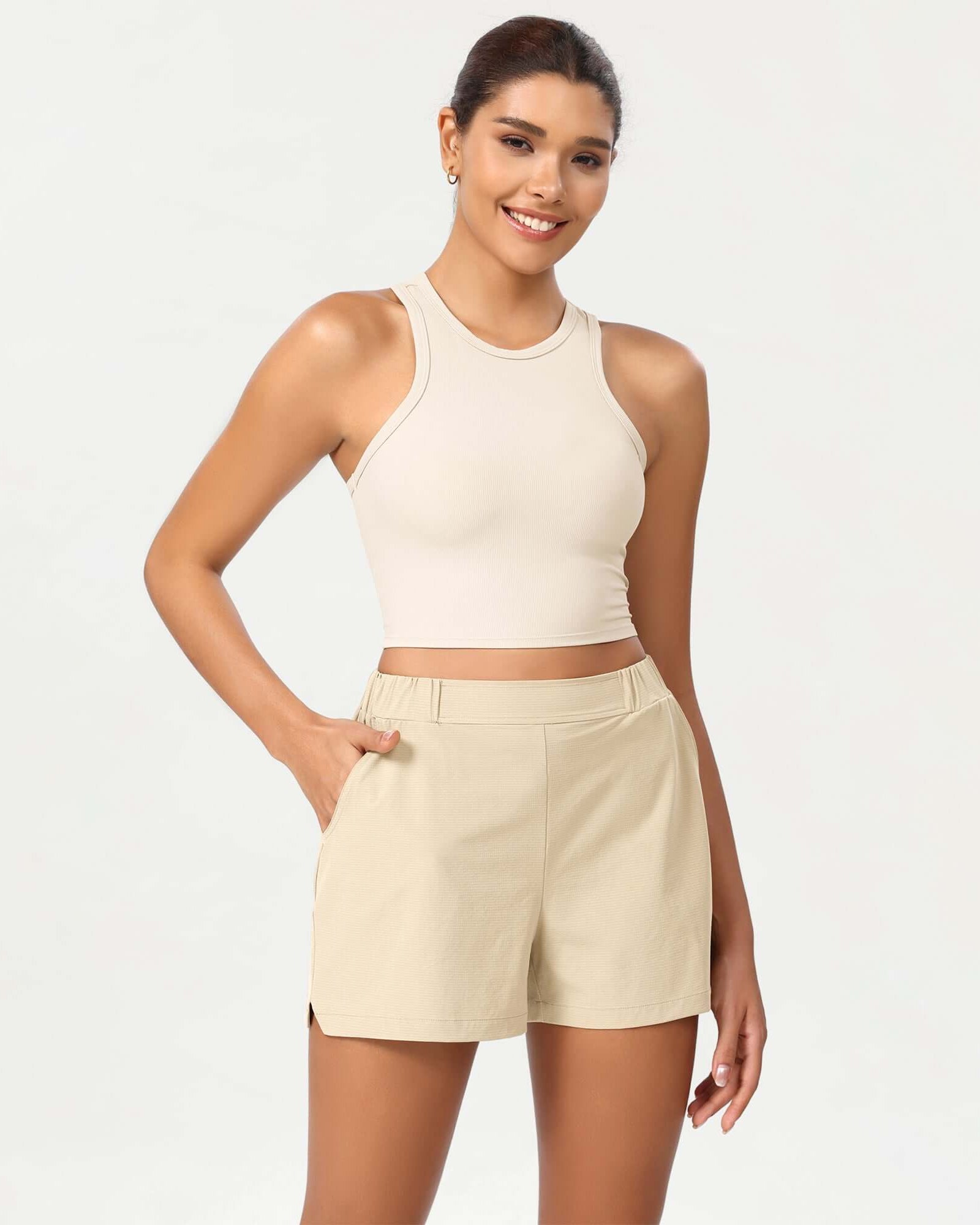 Stretch Woven High Waist Relaxed Shorts Beige - ododos