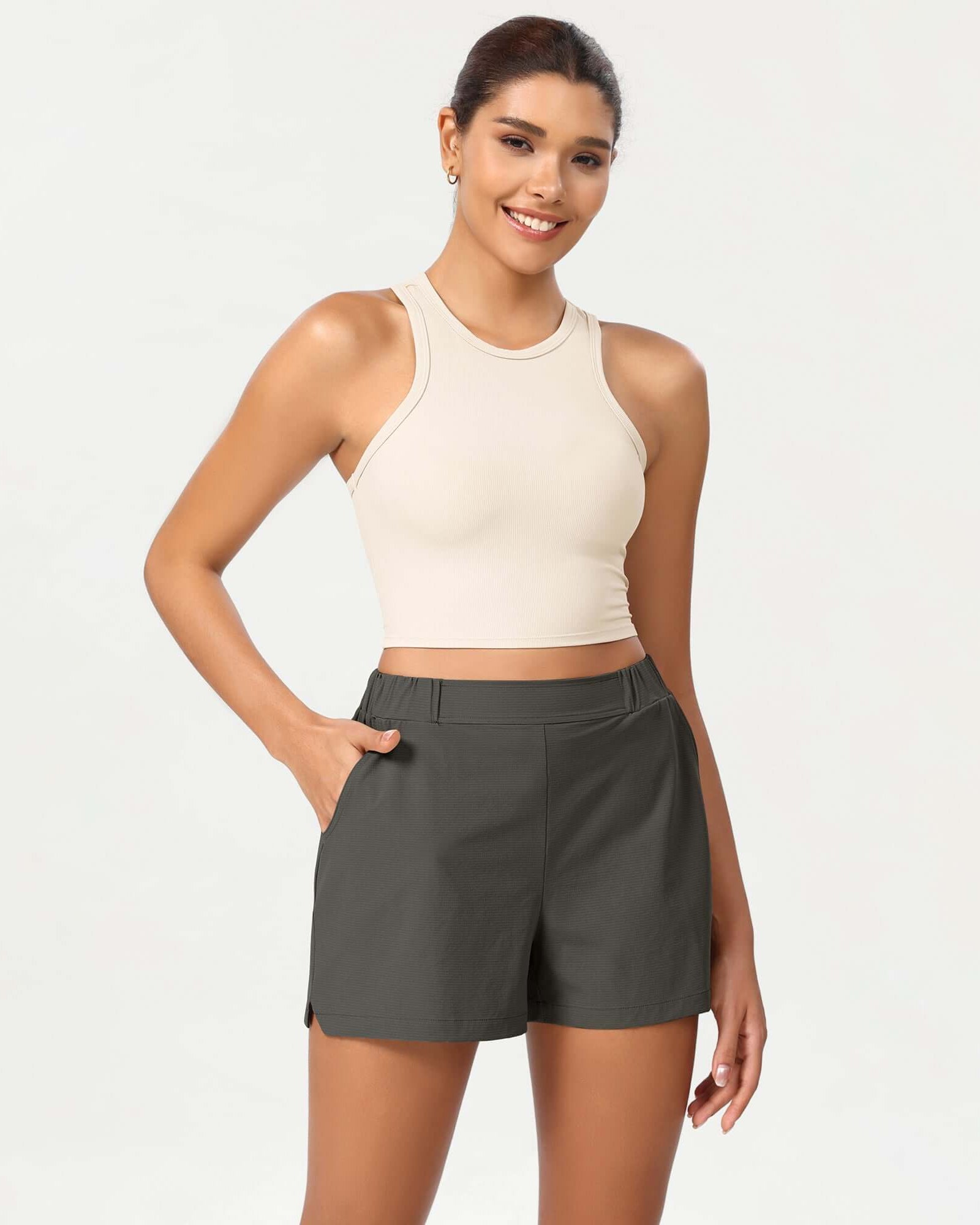 Stretch Woven High Waist Relaxed Shorts Charcoal - ododos