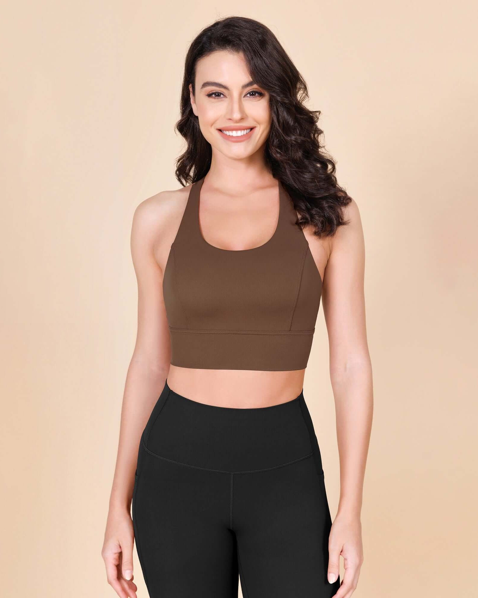 ODLEX Halter Padded Wirefree Y Racerback Workout Yoga Bra Brunette - ododos