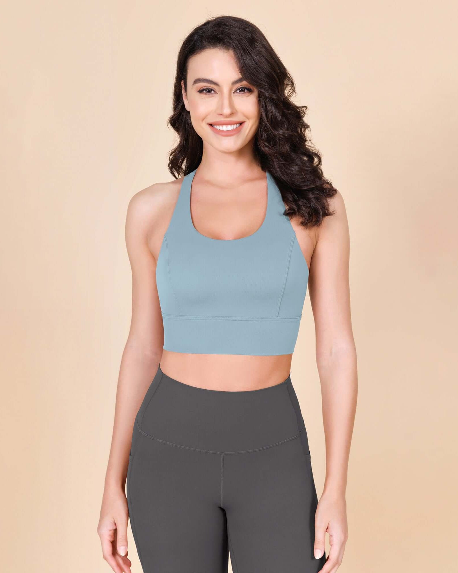 ODLEX Halter Padded Wirefree Y Racerback Workout Yoga Bra Chambray - ododos