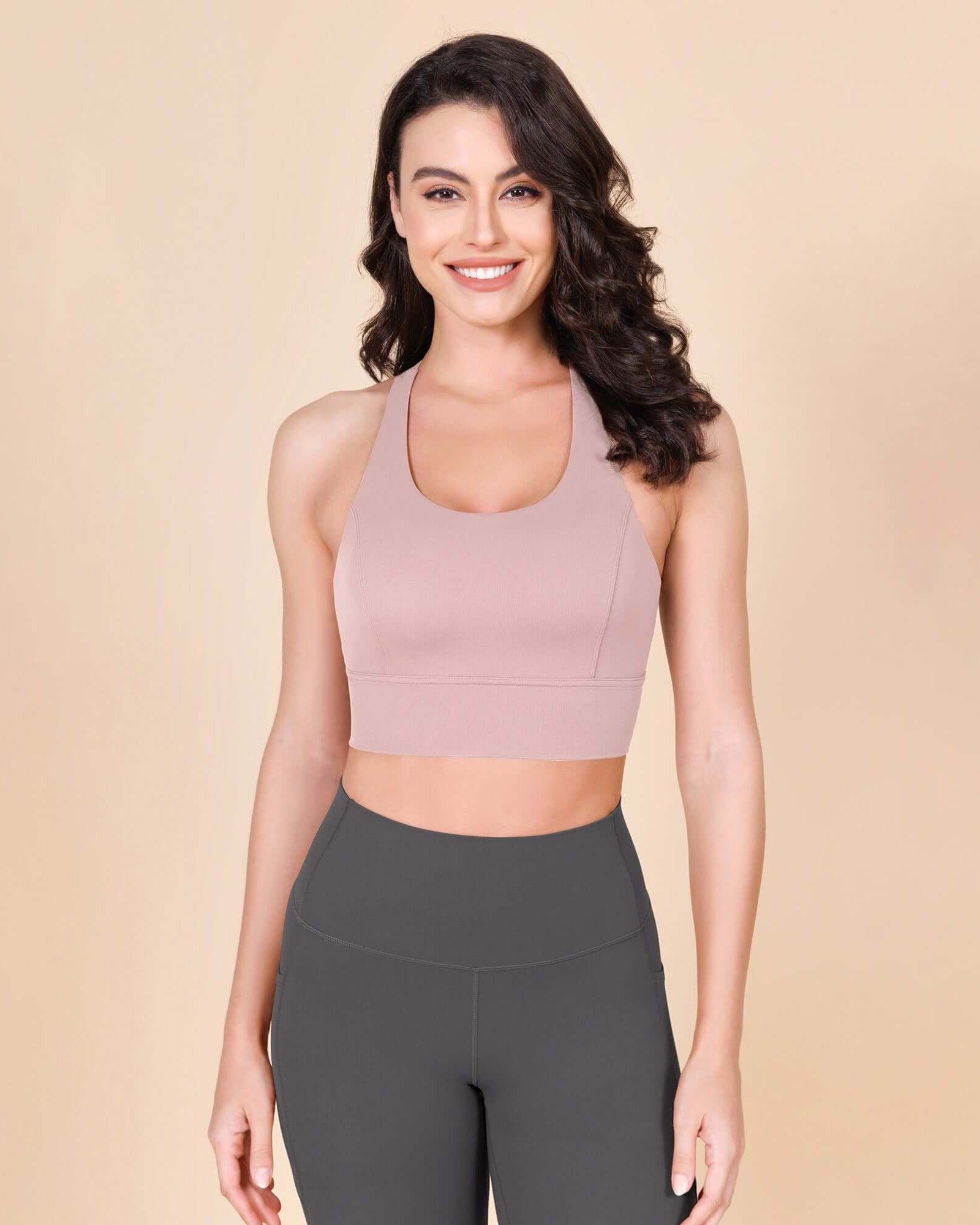 ODLEX Halter Padded Wirefree Y Racerback Workout Yoga Bra Dusty Pink - ododos