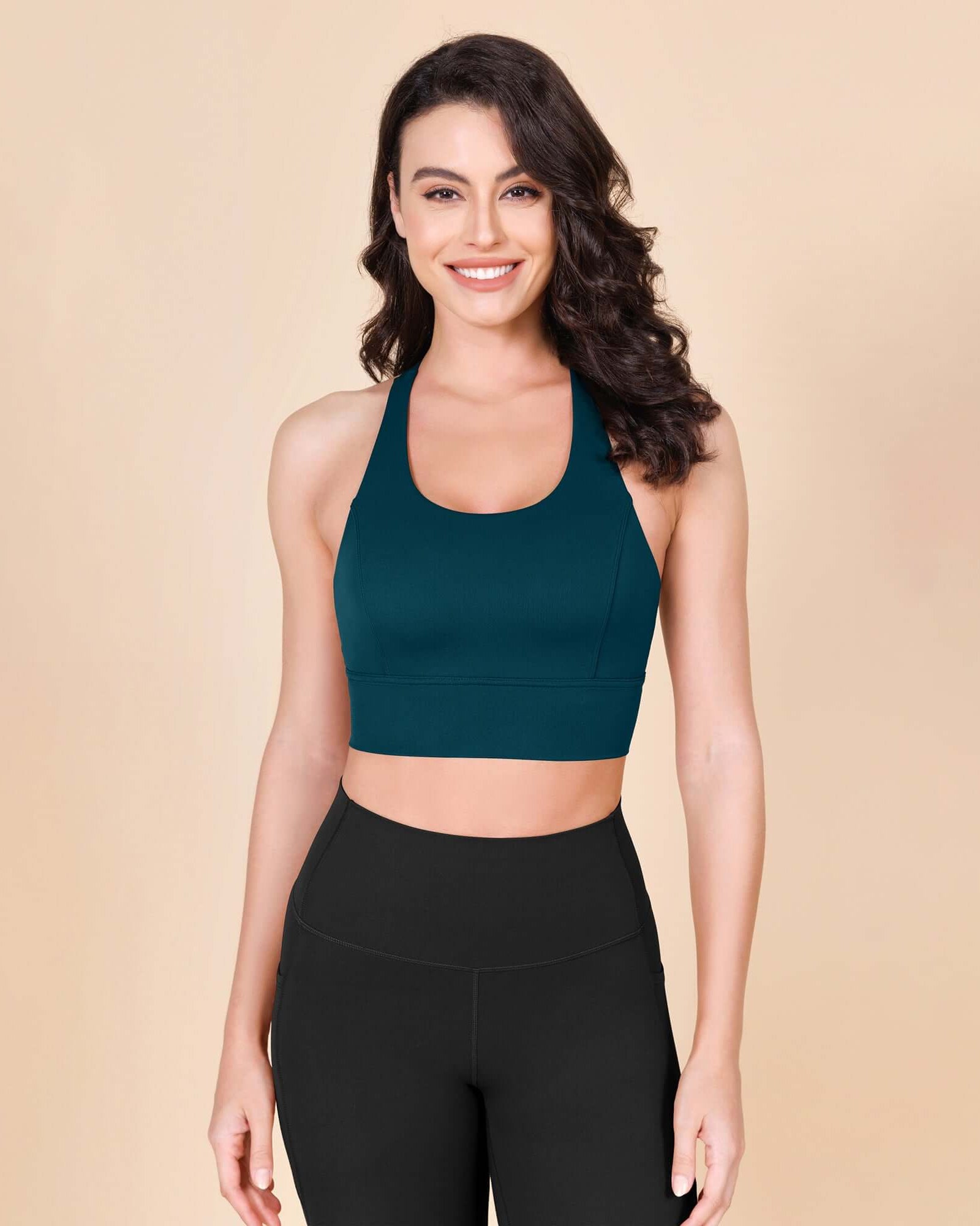 ODLEX Halter Padded Wirefree Y Racerback Workout Yoga Bra Forest Teal - ododos