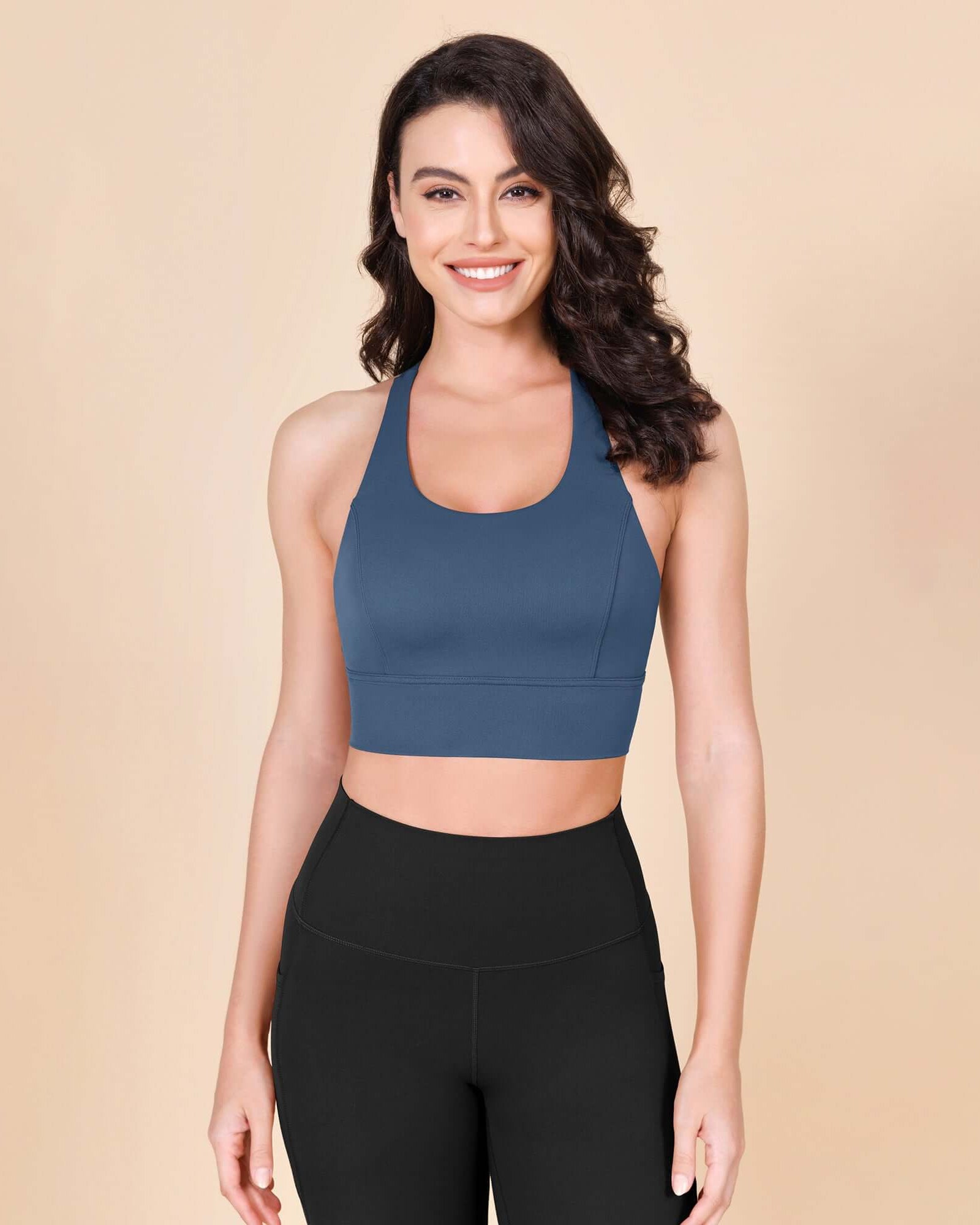 ODLEX Halter Padded Wirefree Y Racerback Workout Yoga Bra Ink Blue - ododos