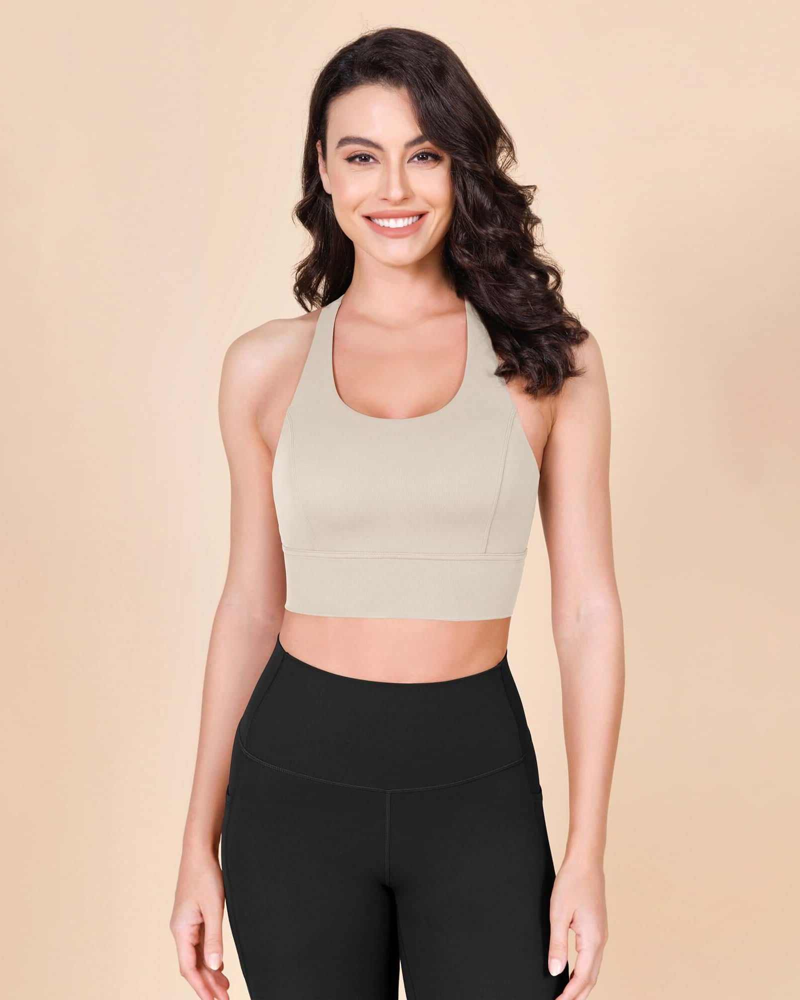 ODLEX Halter Padded Wirefree Y Racerback Workout Yoga Bra Oat Milk - ododos