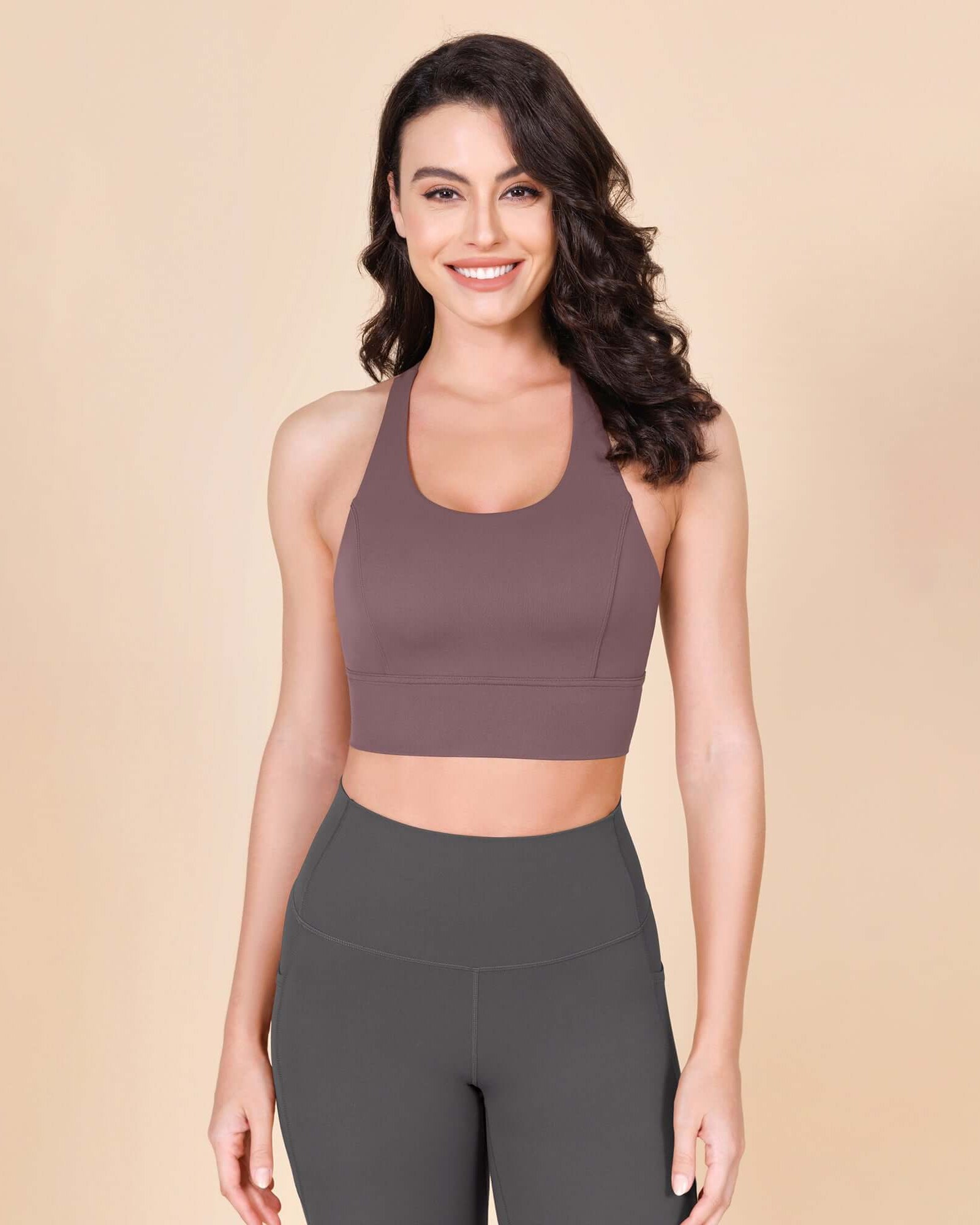 ODLEX Halter Padded Wirefree Y Racerback Workout Yoga Bra Purple Taupe - ododos