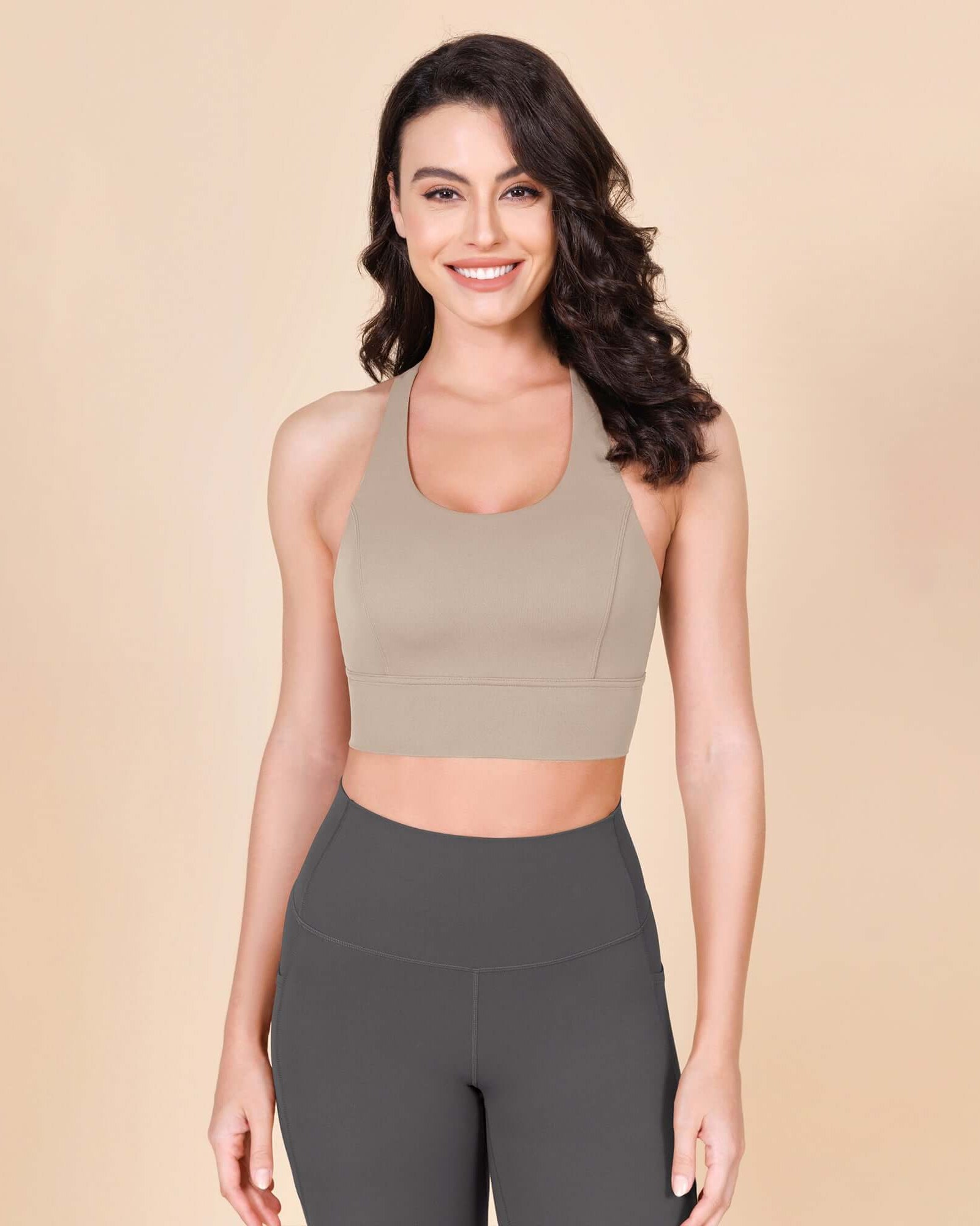 ODLEX Halter Padded Wirefree Y Racerback Workout Yoga Bra Shaker Beige - ododos