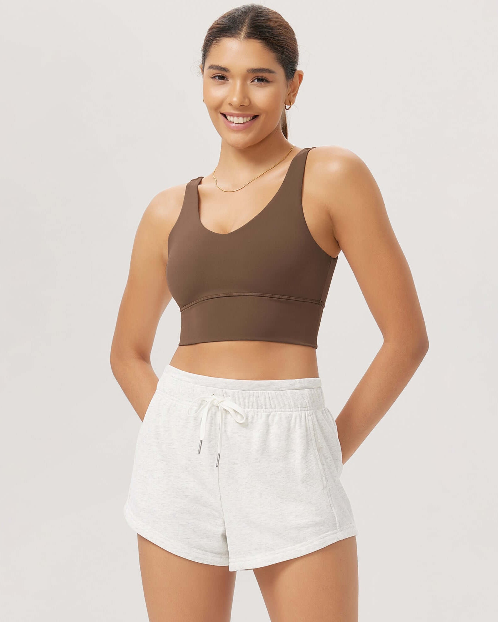 Cloud Feeling V Neck Padded Sports Bra Brunette - ododos
