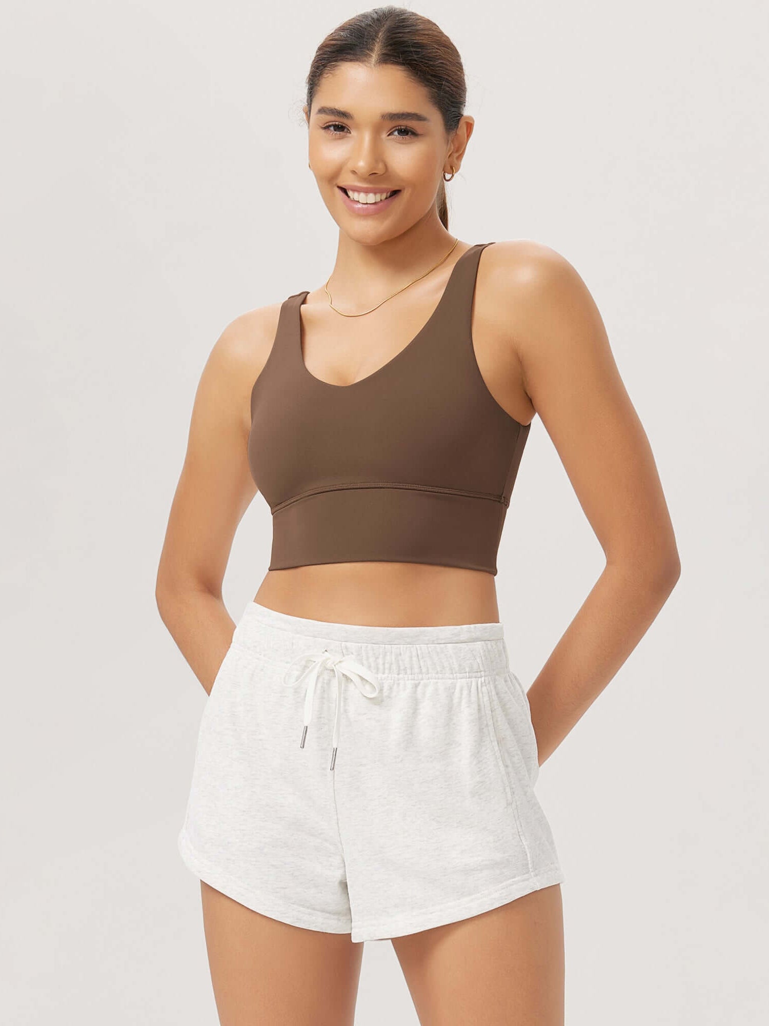 Cloud Feeling V Neck Padded Sports Bra Brunette - ododos