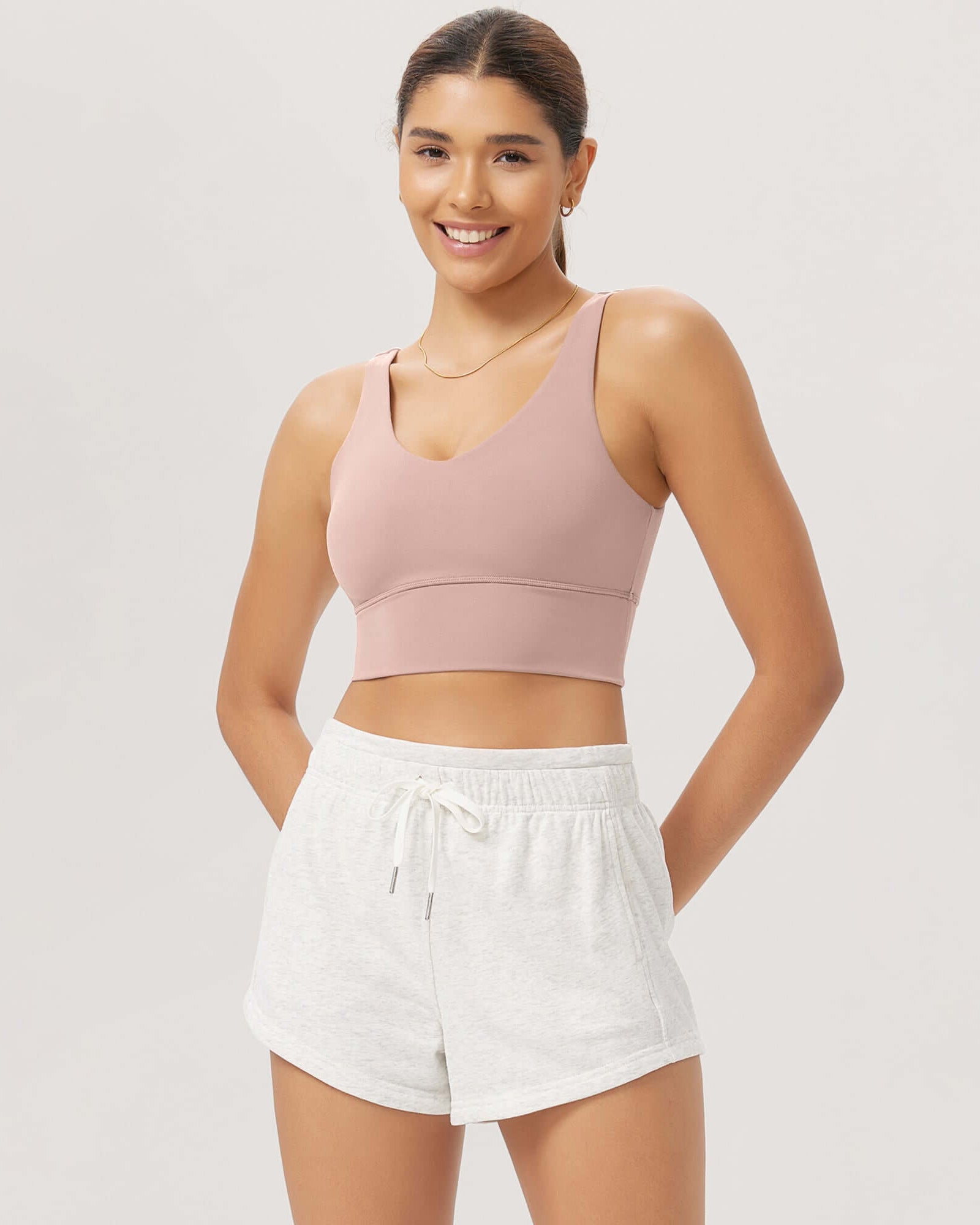 Cloud Feeling V Neck Padded Sports Bra Dusty Pink - ododos