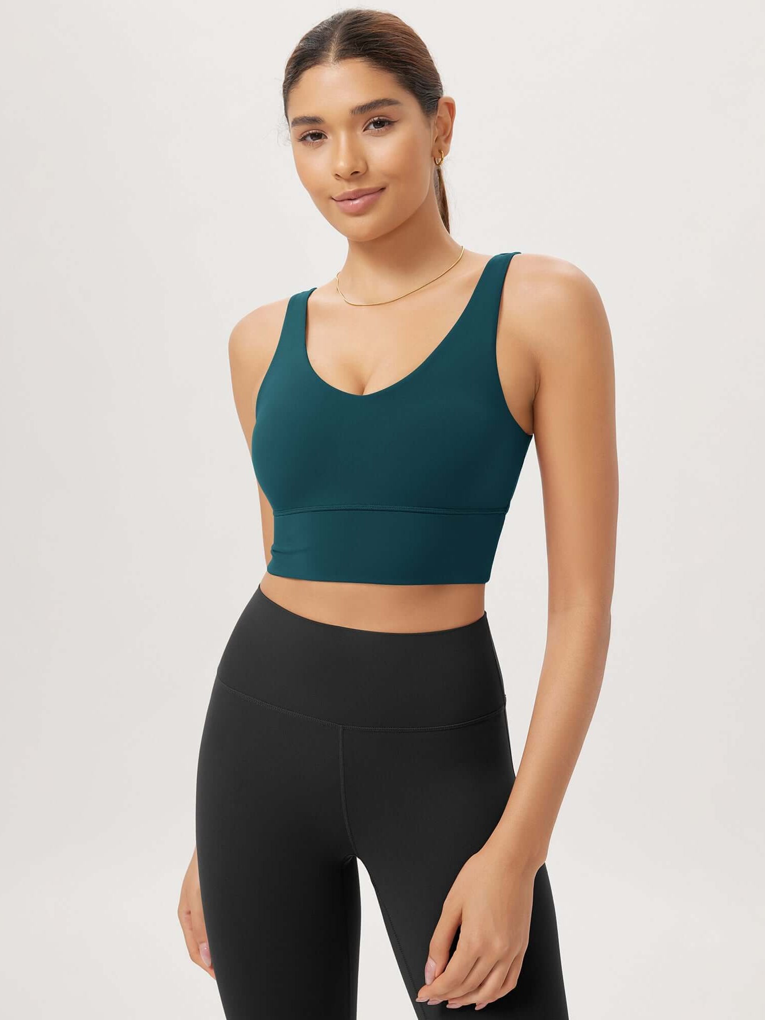 Cloud Feeling V Neck Padded Sports Bra Forest Teal - ododos