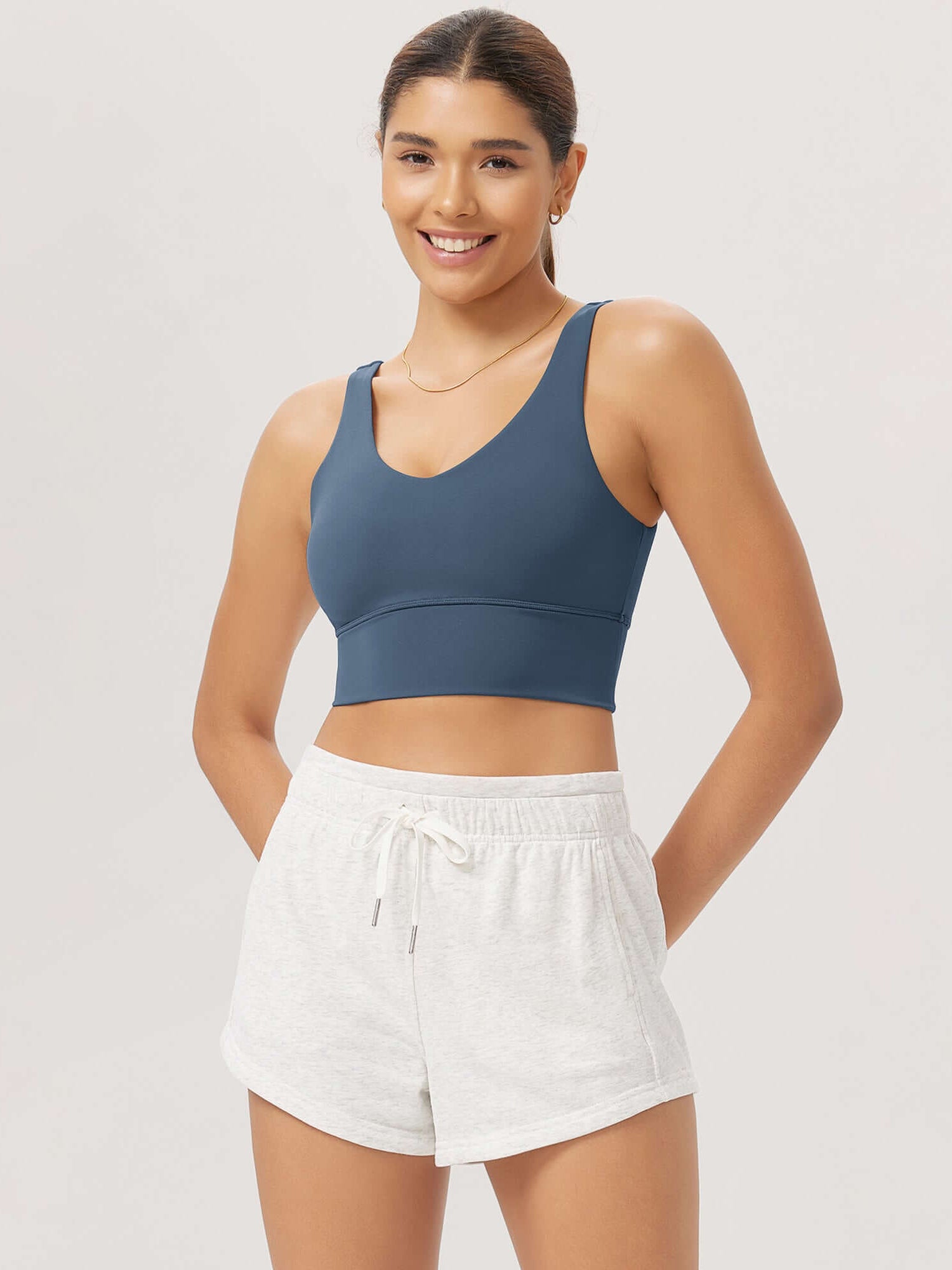 Cloud Feeling V Neck Padded Sports Bra Ink Blue - ododos
