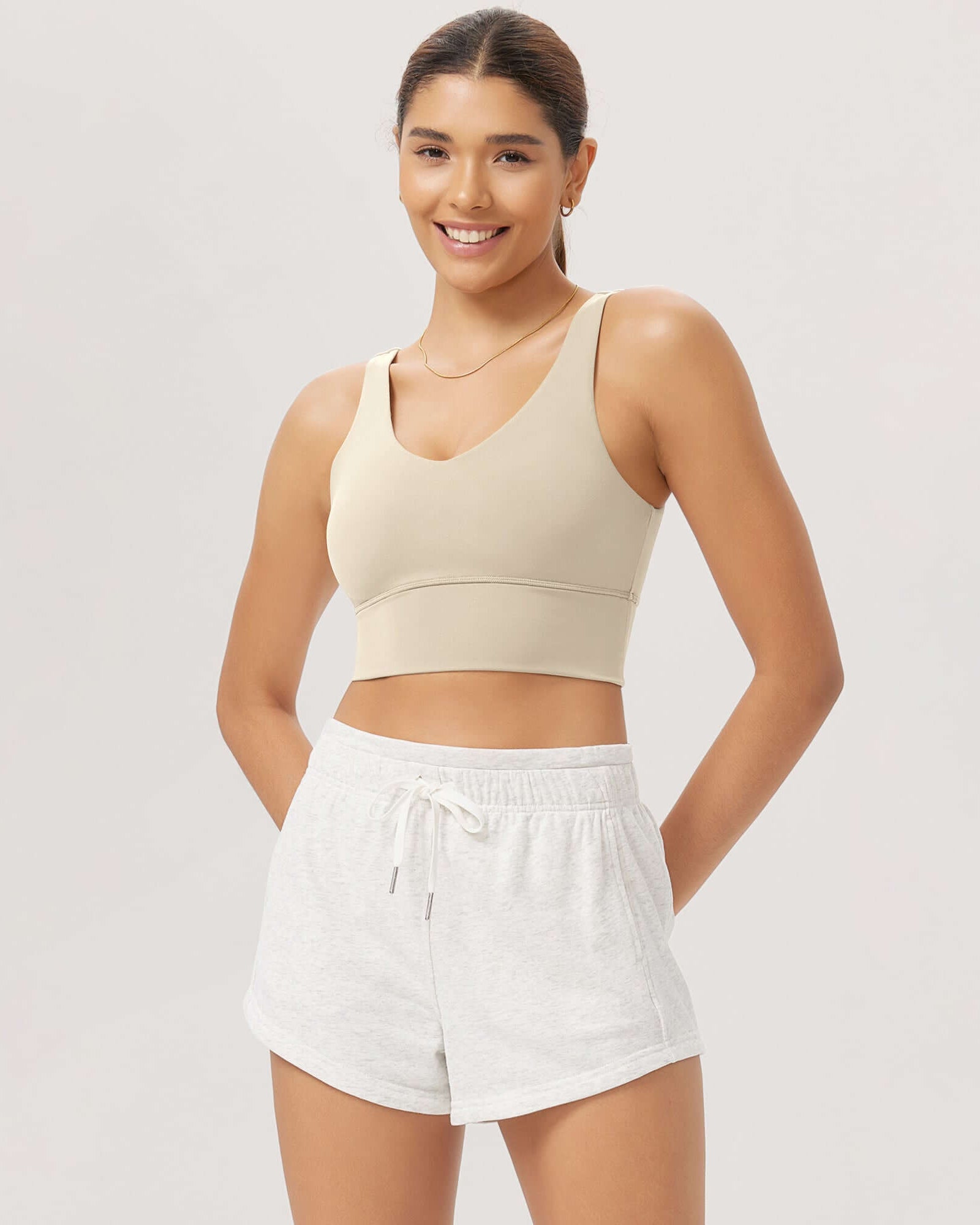 Cloud Feeling V Neck Padded Sports Bra Oat Milk - ododos