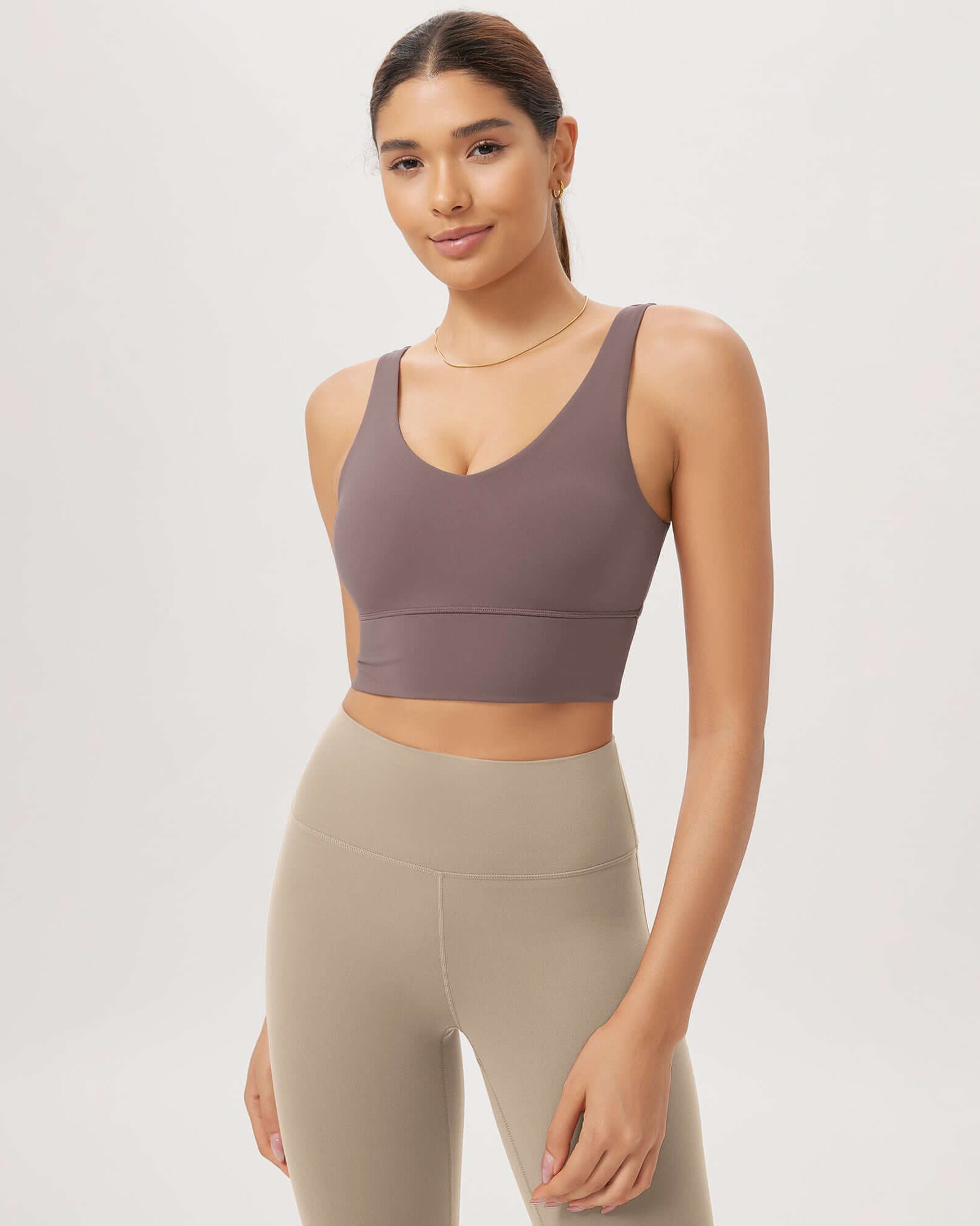 Cloud Feeling V Neck Padded Sports Bra Purple Taupe - ododos
