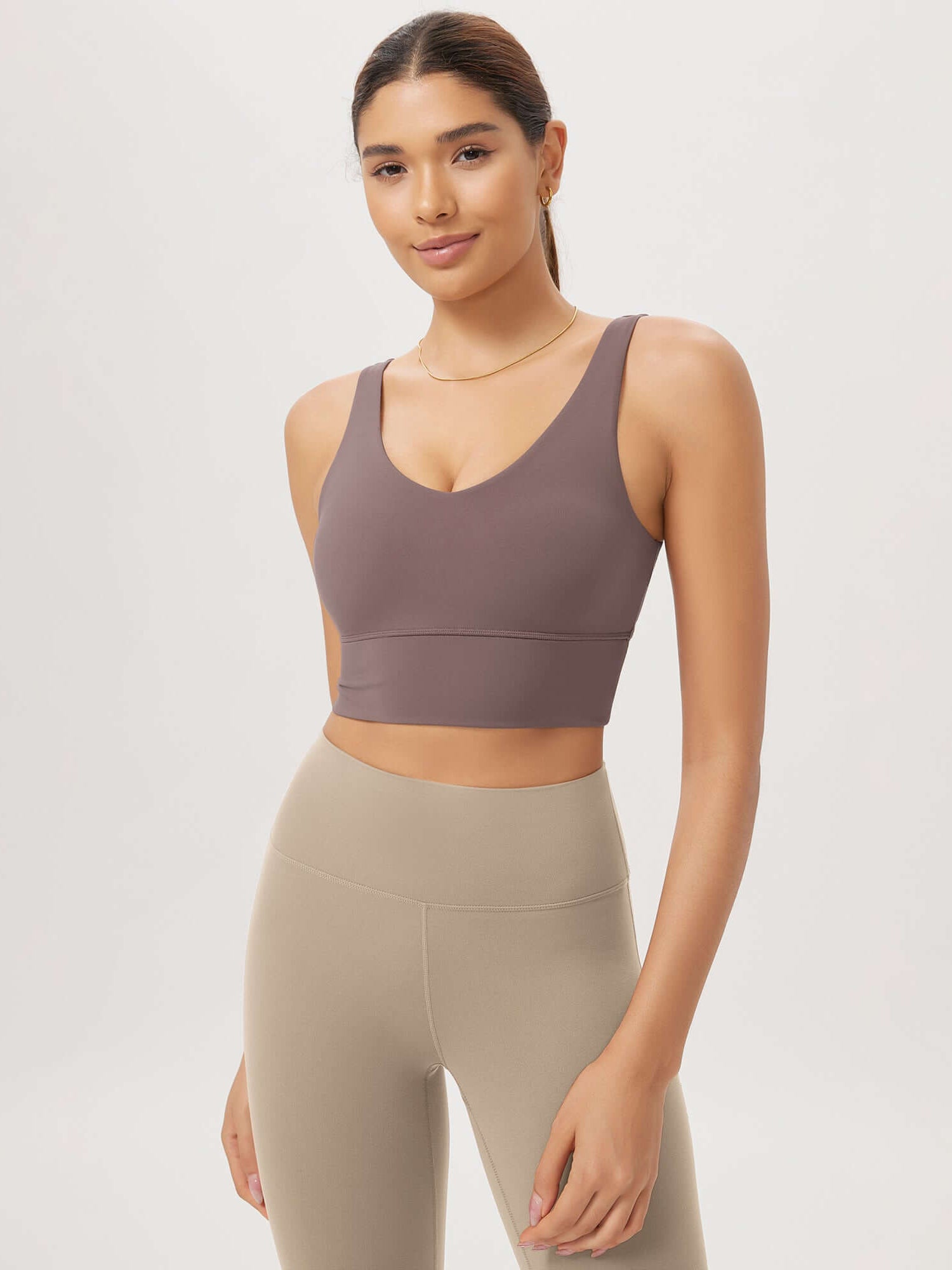 Cloud Feeling V Neck Padded Sports Bra Purple Taupe - ododos