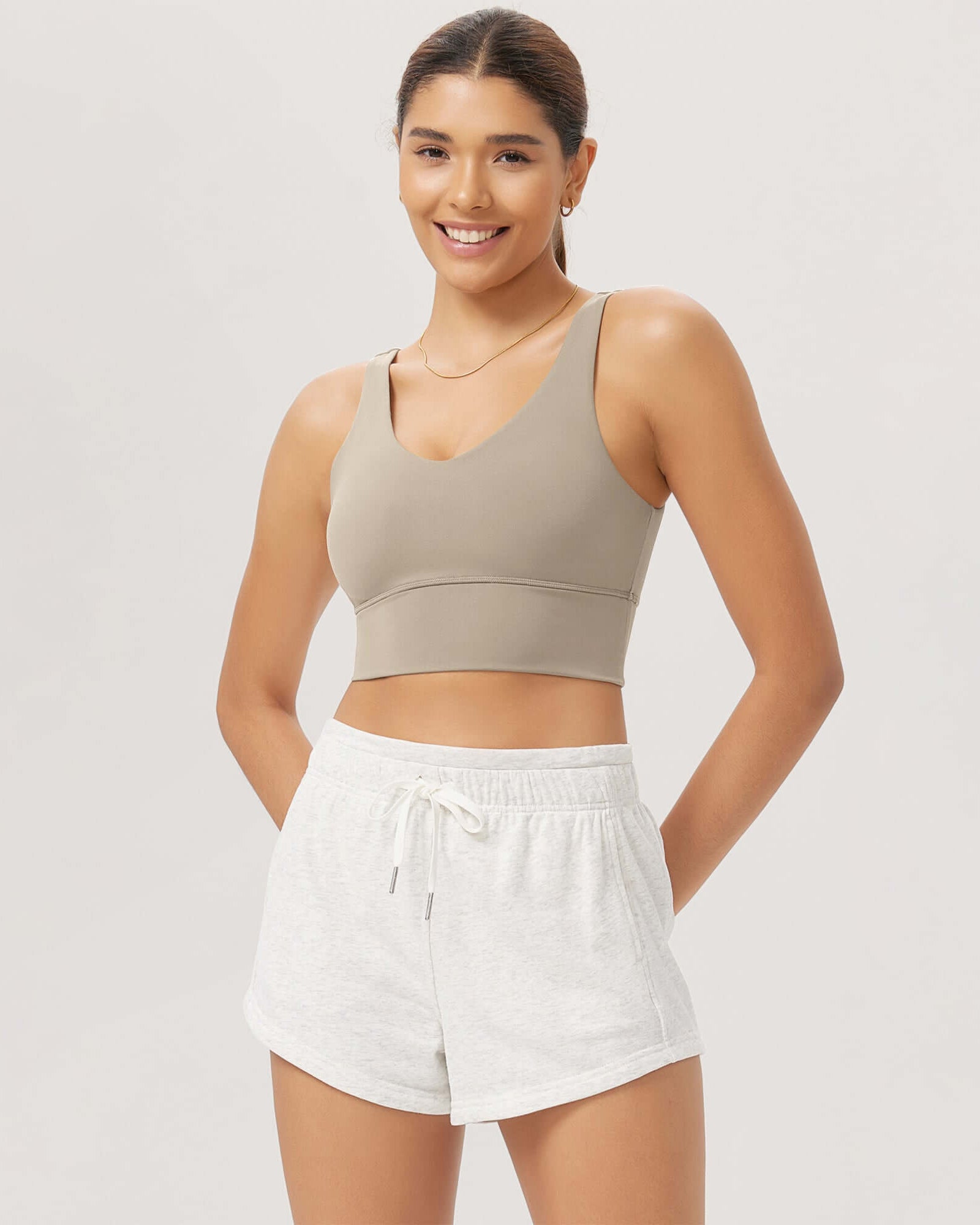 Cloud Feeling V Neck Padded Sports Bra Shaker Beige - ododos
