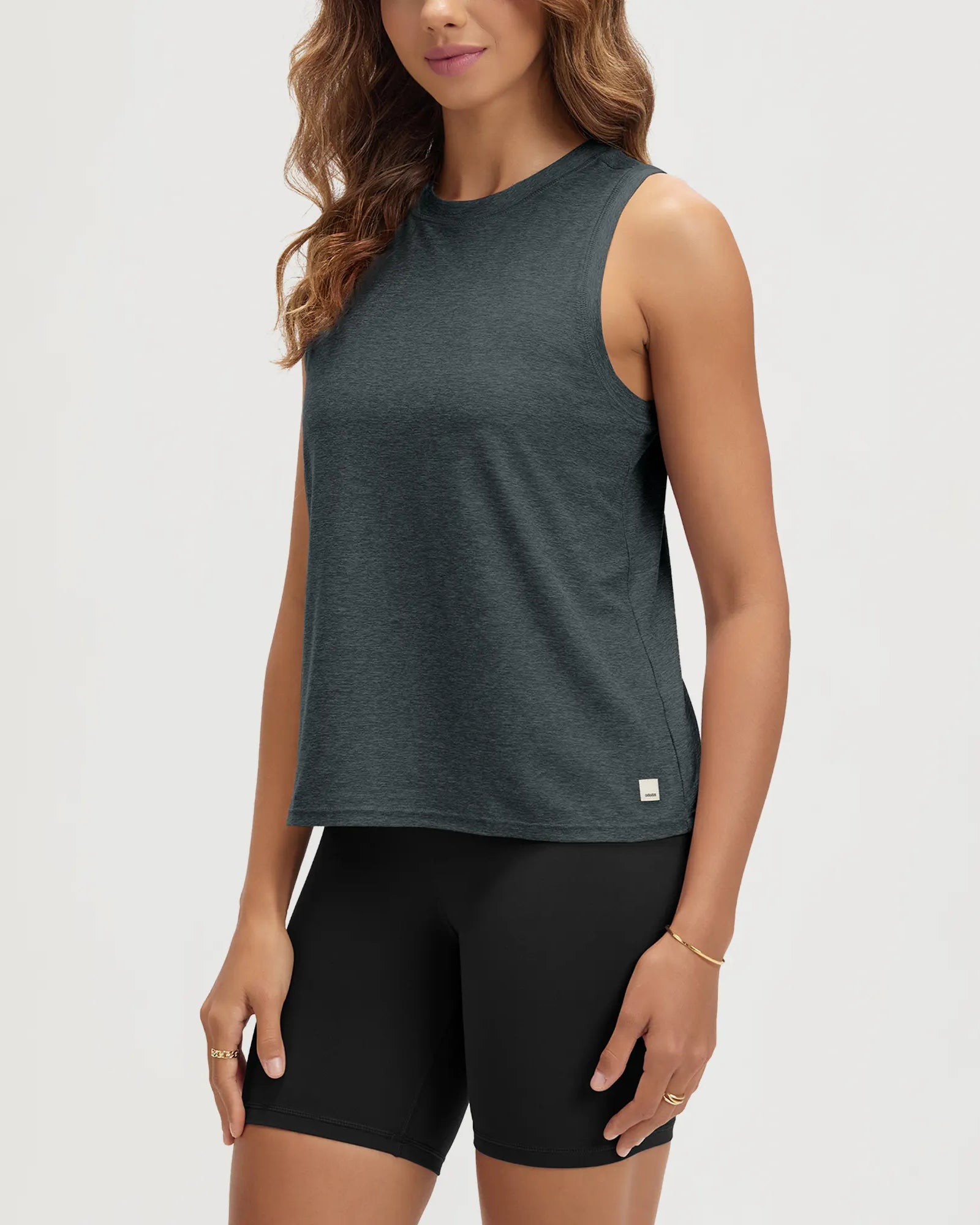 ODODOS Stratum Women's Performance Tank in dark grey, perfect for workout wear and summer essentials.